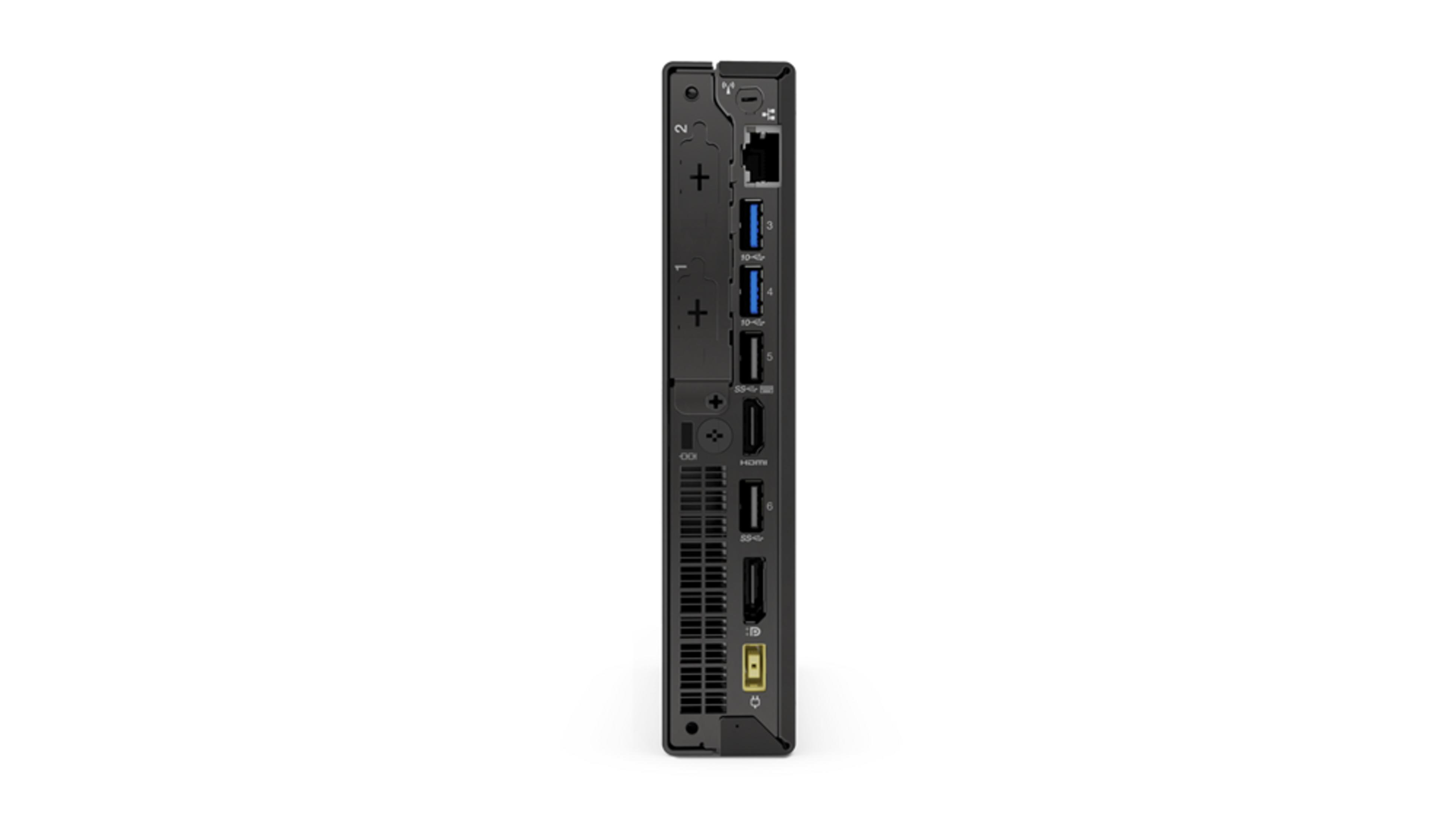 Parte trasera de un mini PC negro con puertos USB, HDMI y de red.