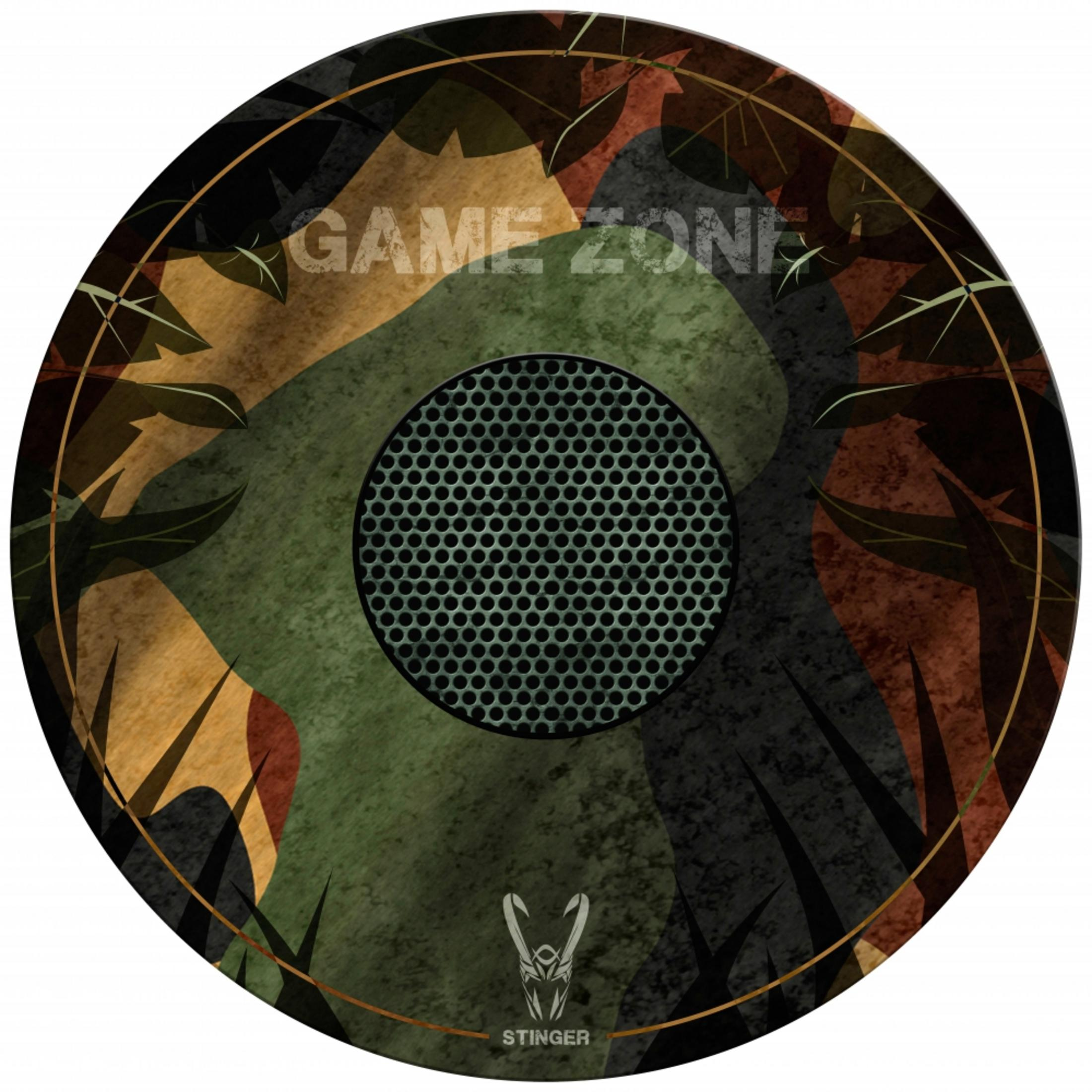 Disco redondo con patrón de camuflaje, "GAME ZONE" y un logo "STINGER".