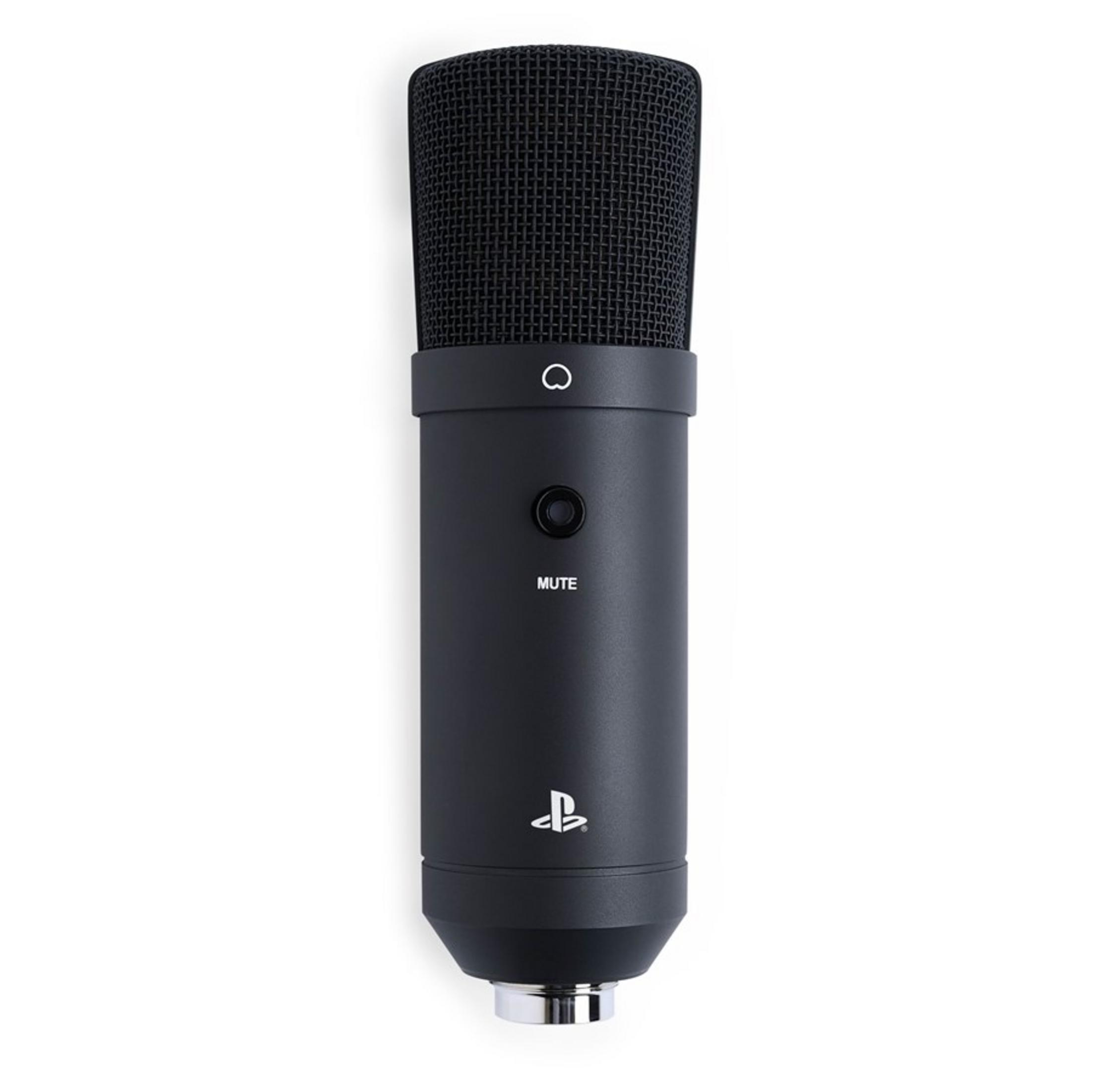 Schwarzes Mikrofon mit PlayStation-Logo und Mute-Taste.