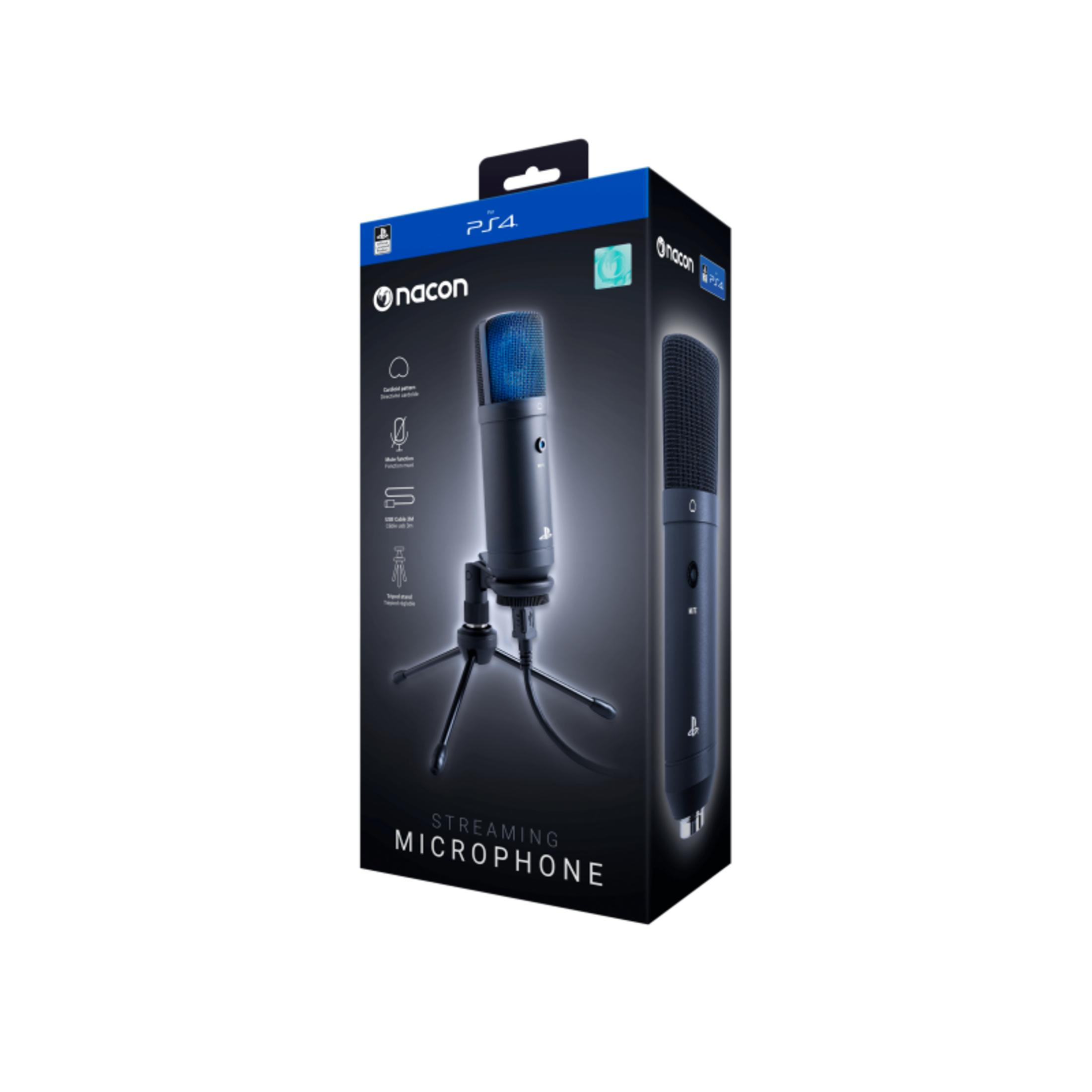 Verpackung eines Nacon PS4 Streaming-Mikrofons mit Mikrofonständer.
