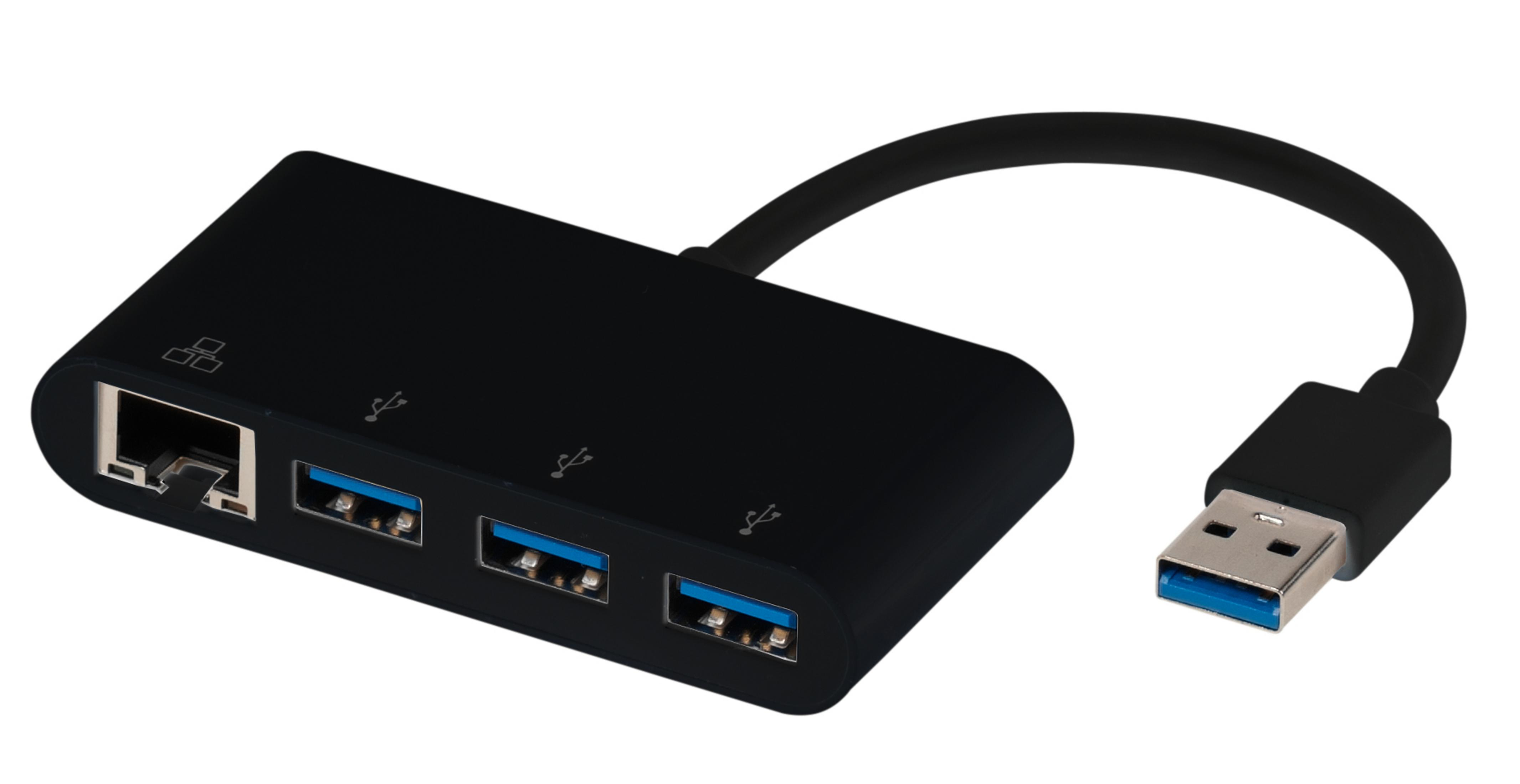 Hub USB nero con porta Ethernet e tre porte USB 3.0.
