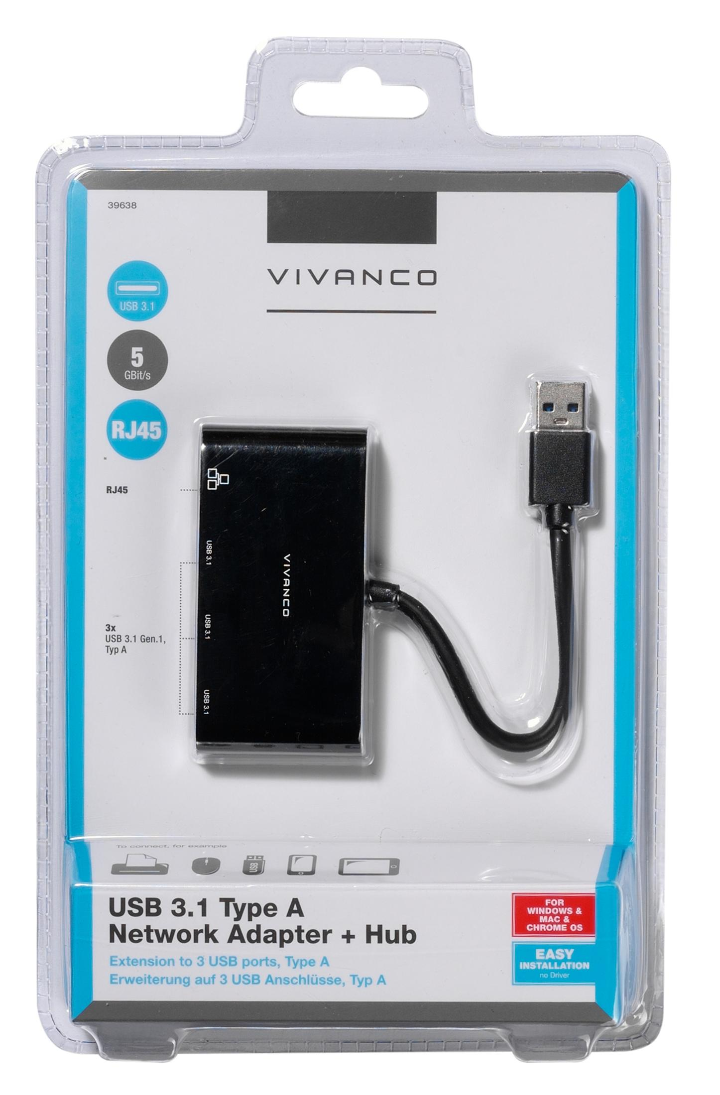 Adattatore di rete Vivanco USB 3.1 con 3 porte USB e RJ45 in confezione blister.