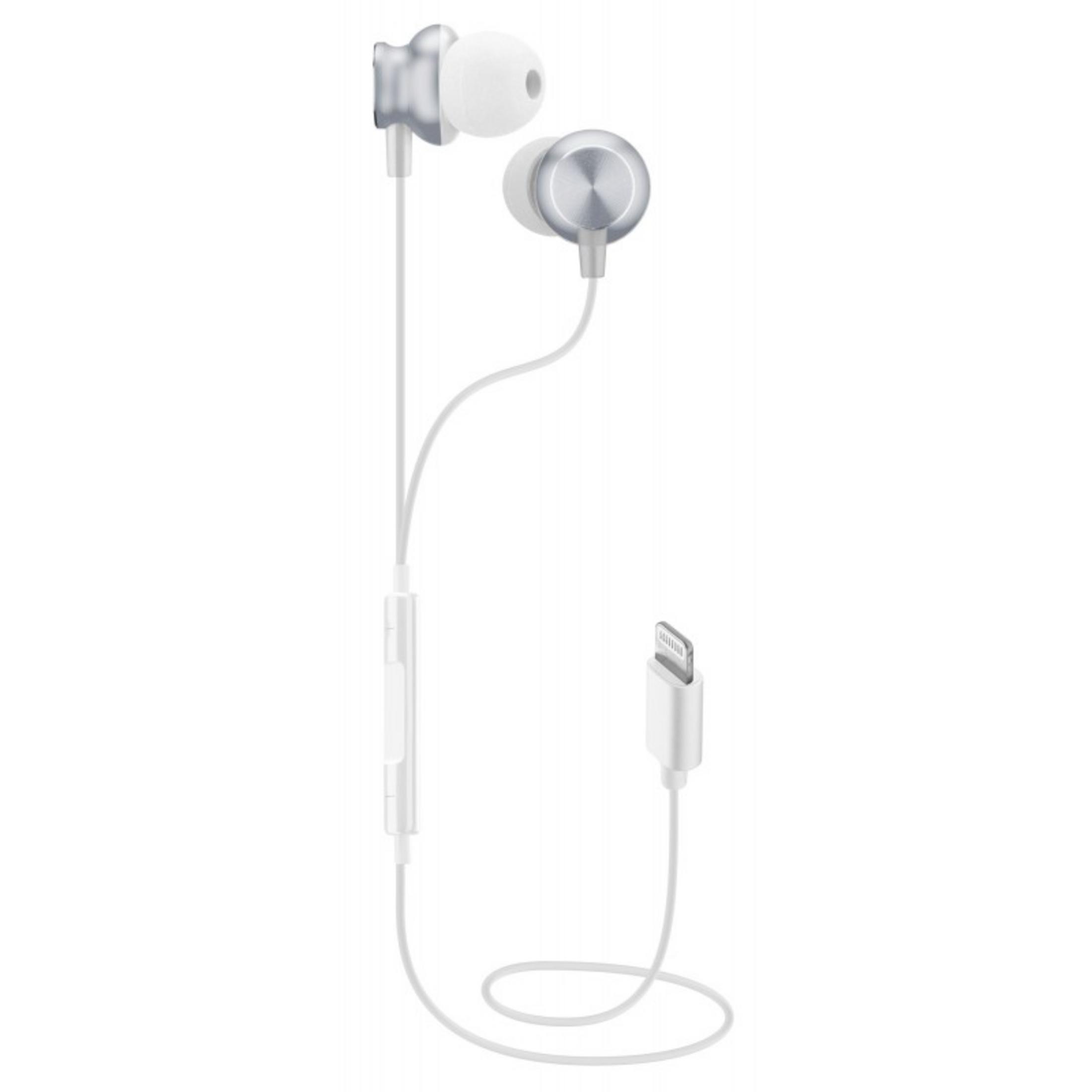 White earphones with silver accents and a lightning connector.