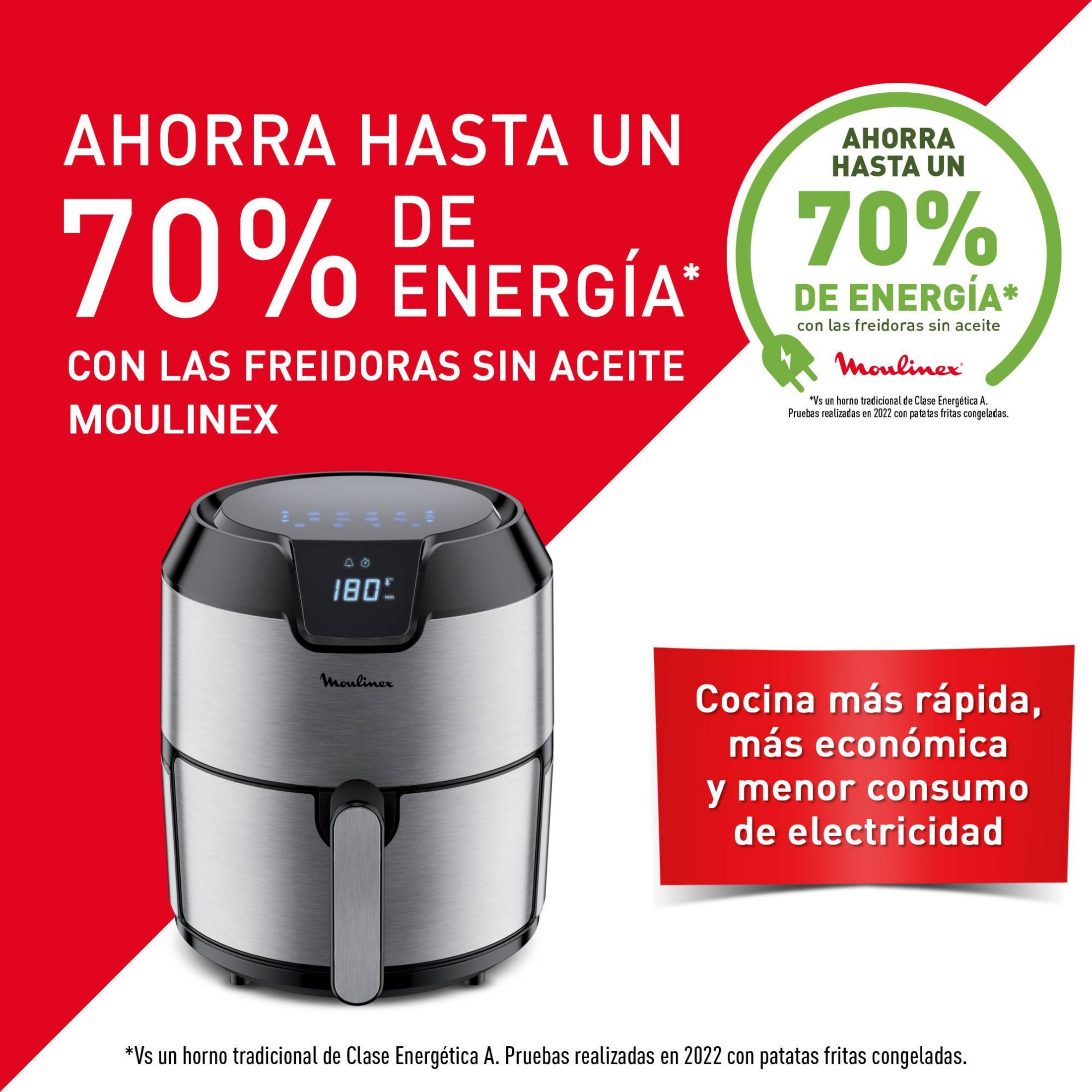 Una friggitrice ad aria argentata con display digitale su sfondo rosso con offerte di risparmio.