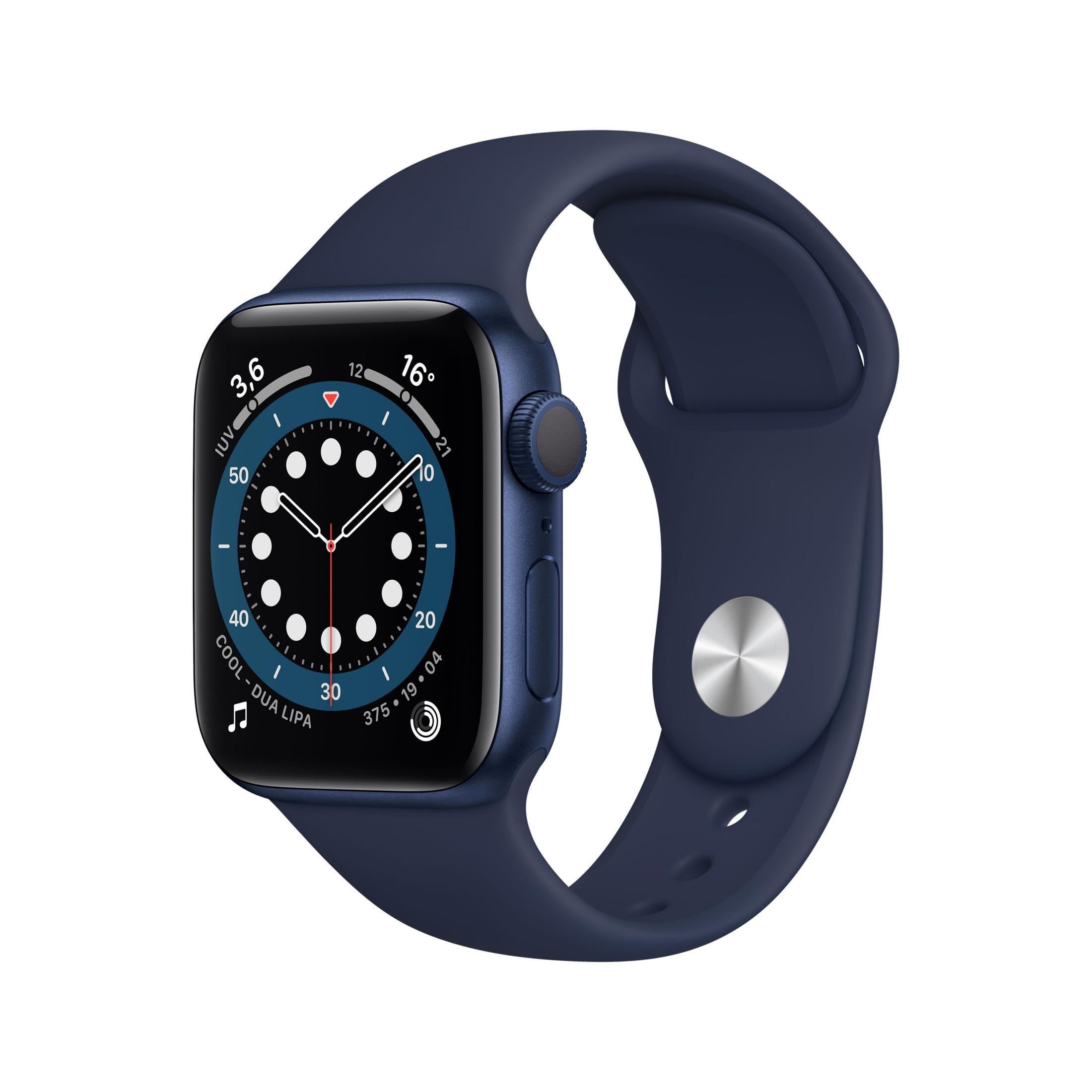 Un reloj inteligente azul oscuro con esfera redonda y correa negra.