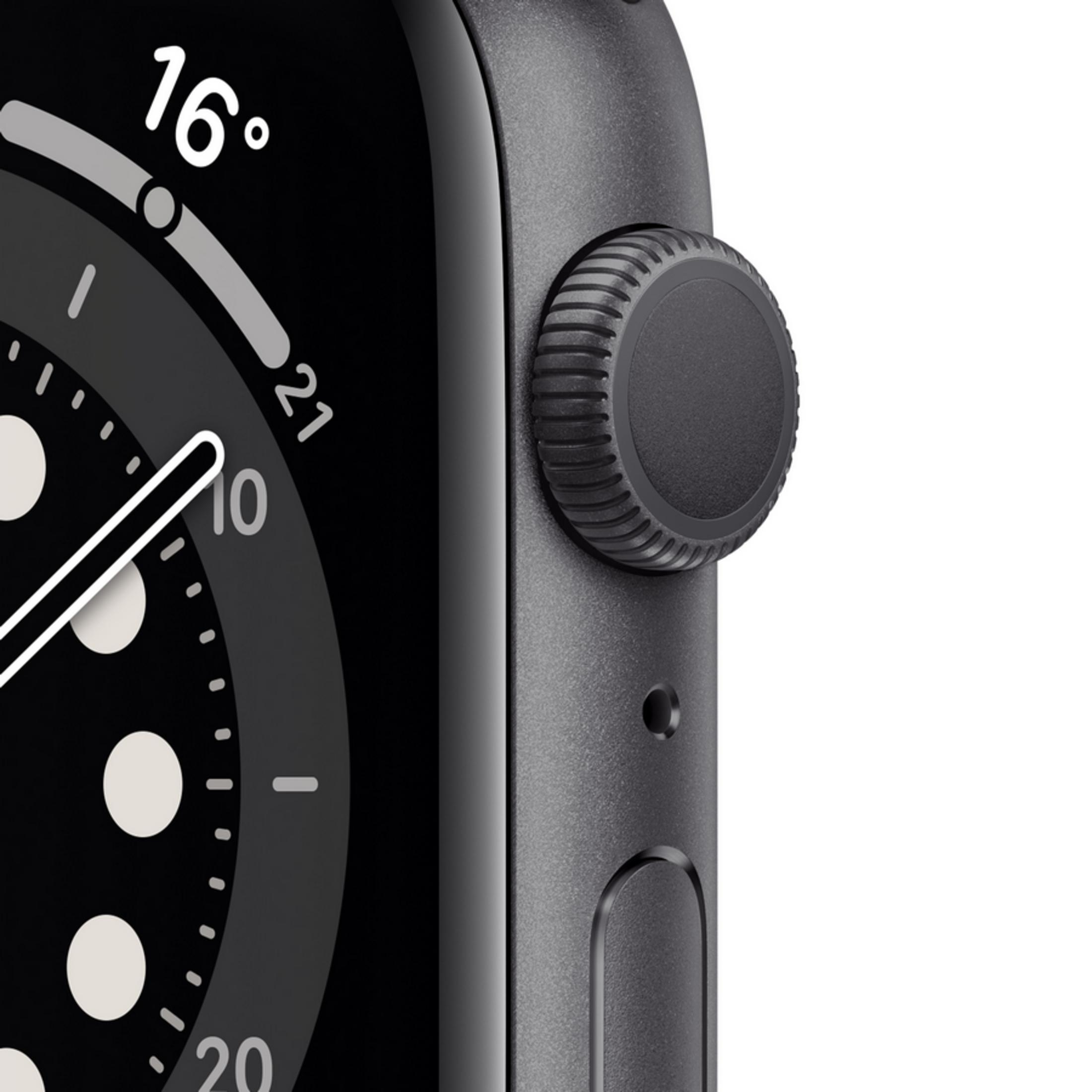 Primer plano de una esfera de reloj inteligente gris que muestra 16 grados. Corona digital visible.