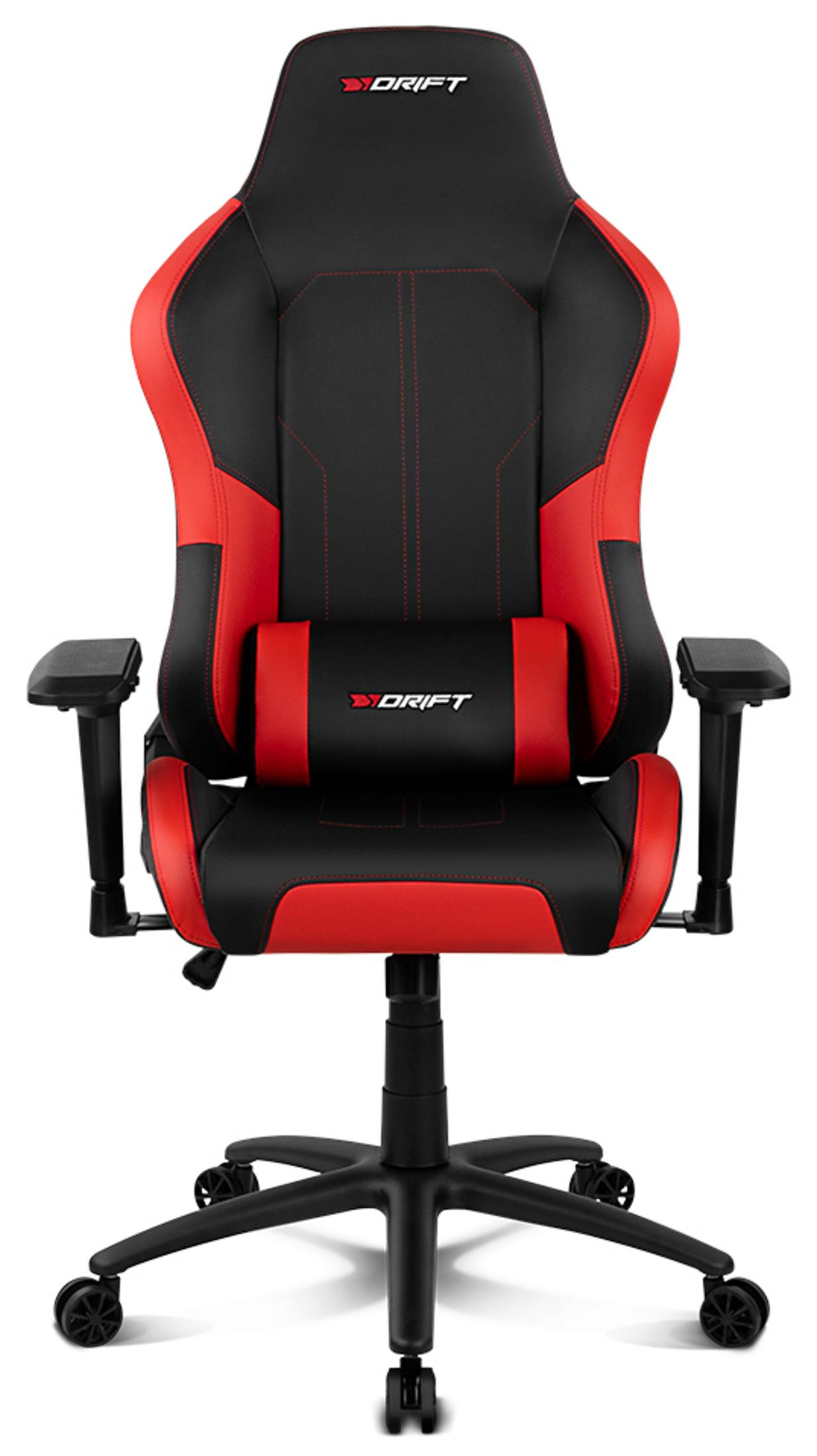 Ein schwarzer und roter Gaming-Stuhl mit Drift-Logo und verstellbaren Armlehnen auf weißem Hintergrund.