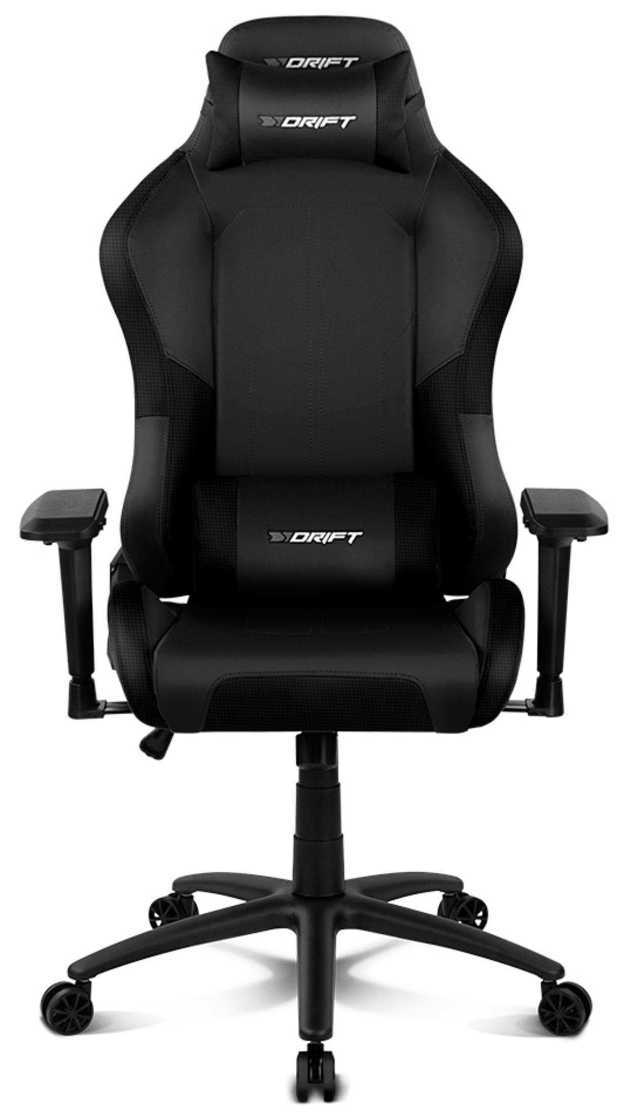 Una silla gamer negra con logo en reposacabezas y respaldo.