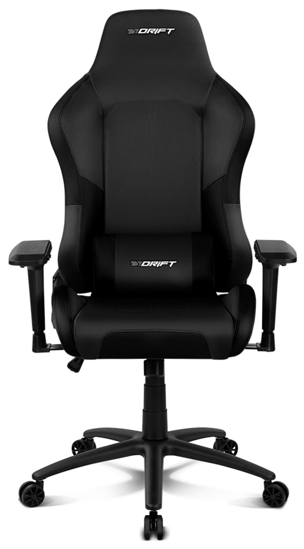 Una silla gamer negra con reposabrazos y ruedas, con el logo de Drift.