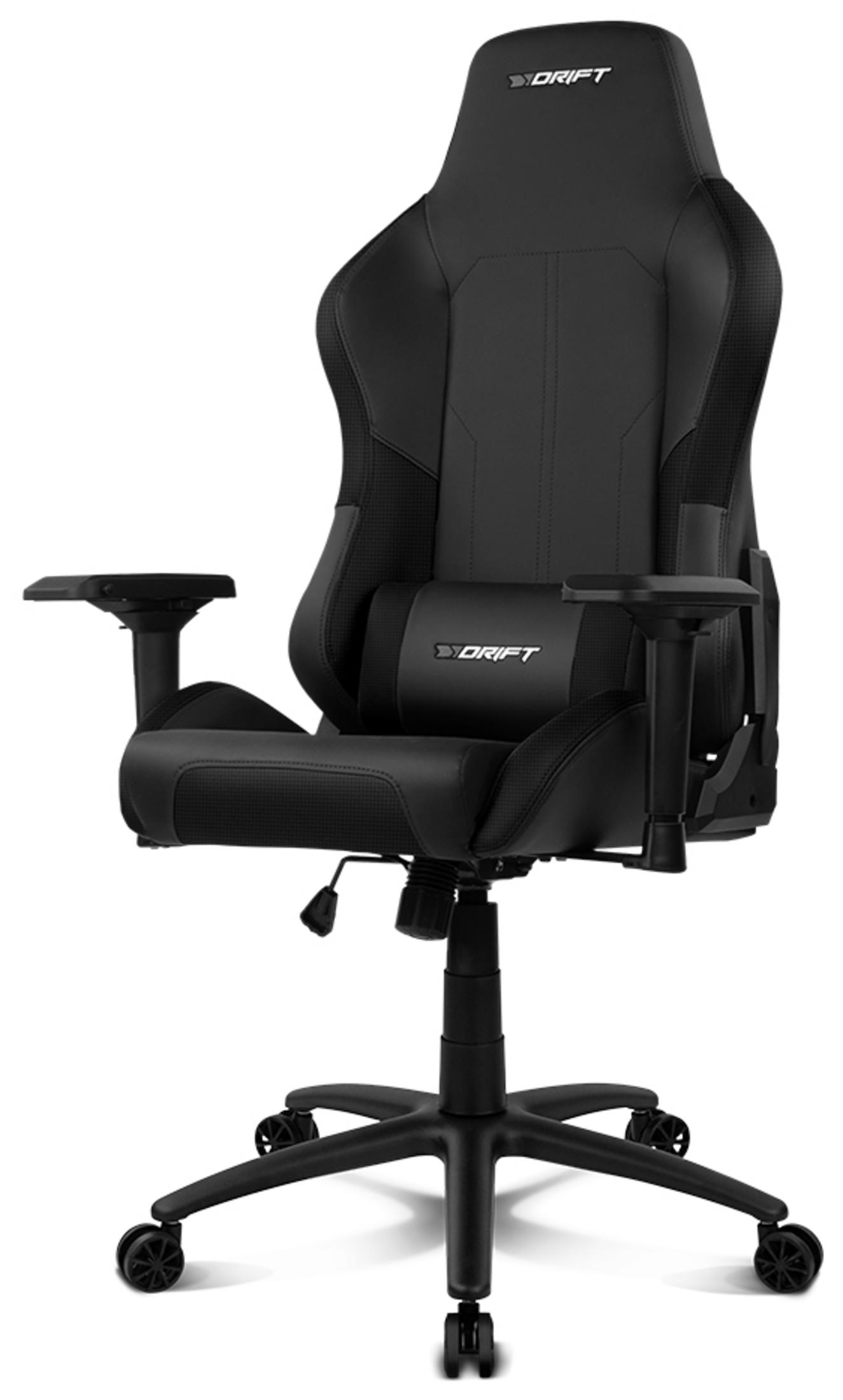 Una silla gamer negra con reposabrazos y ruedas.