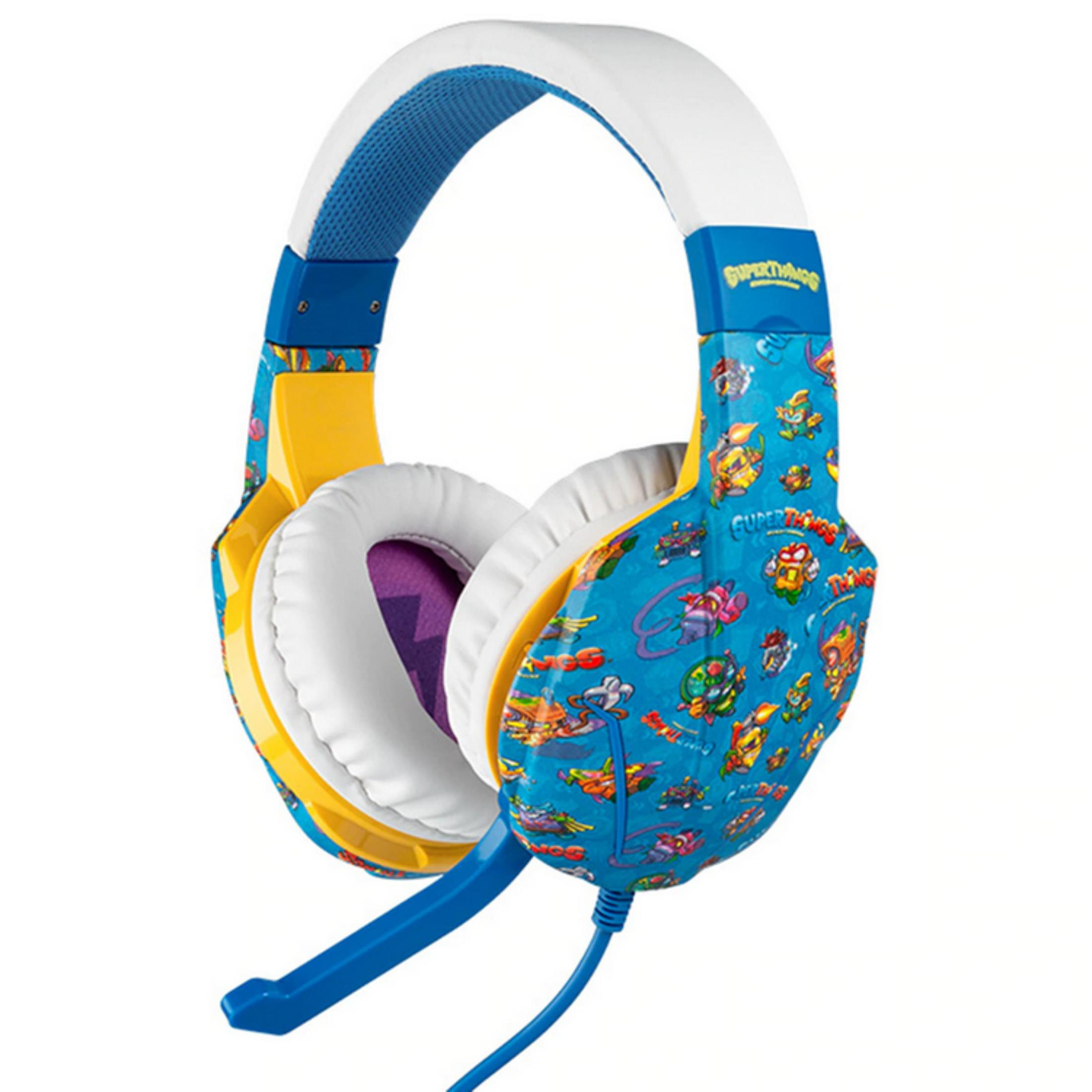 Cuffie blu con grafiche colorate di supereroi e accenti gialli.