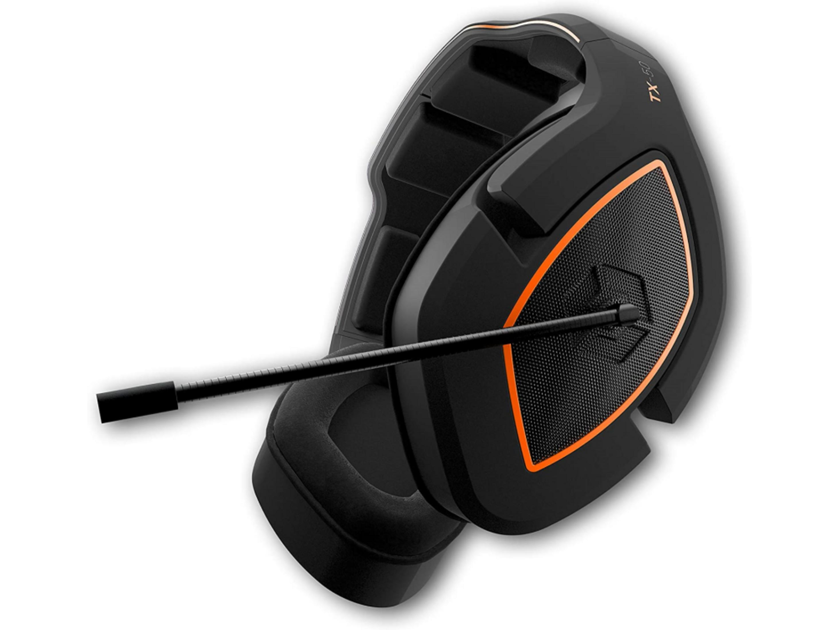 Cuffie da gaming nere con microfono e accenti arancioni.
