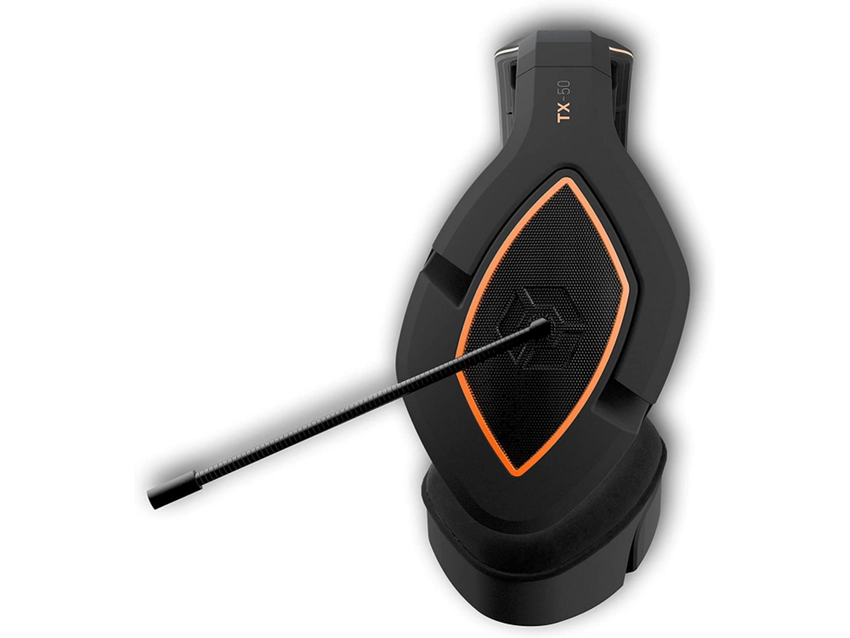 Cuffie da gioco nere con bordo arancione e microfono.