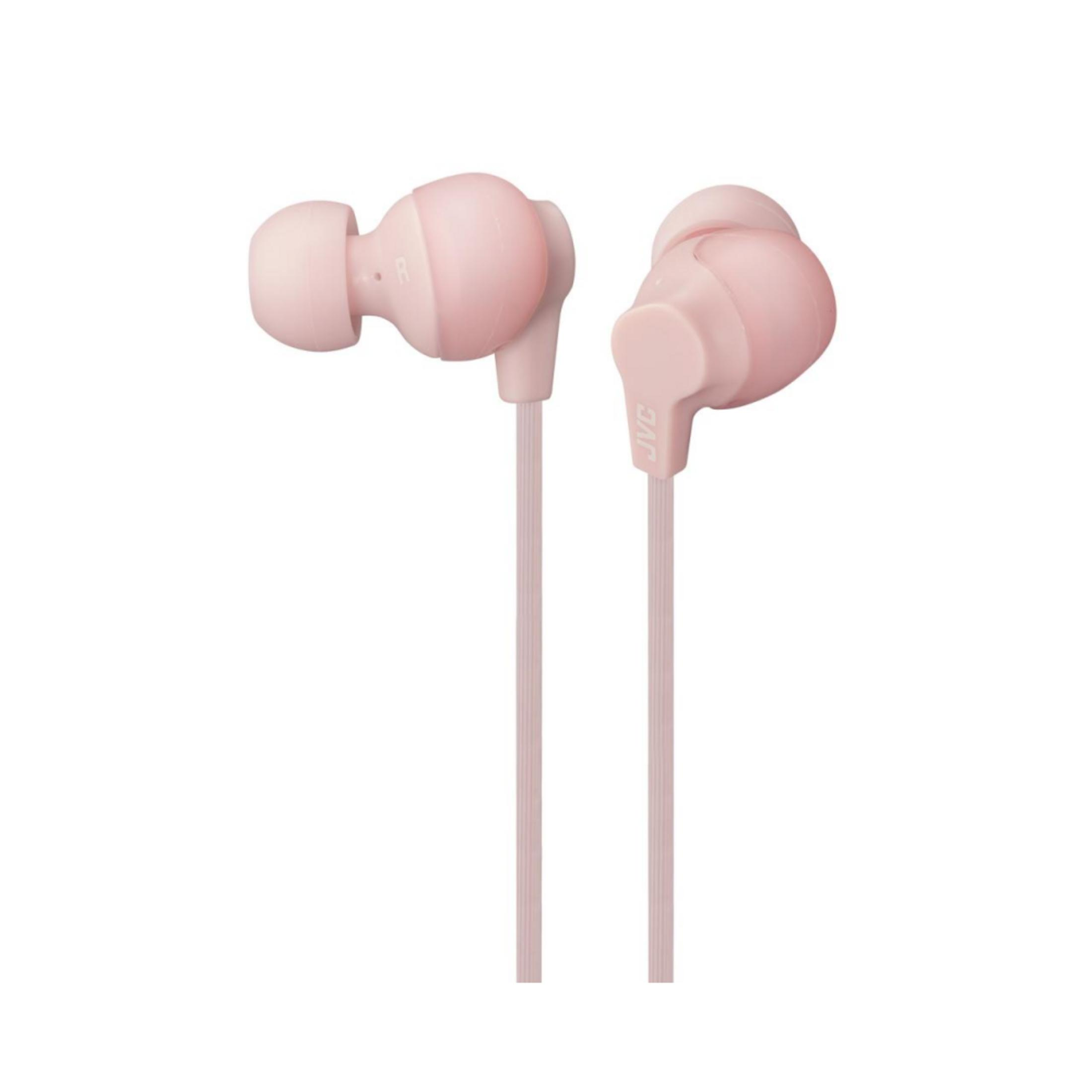 Un paio di auricolari JVC rosa pastello con cavo su sfondo bianco.