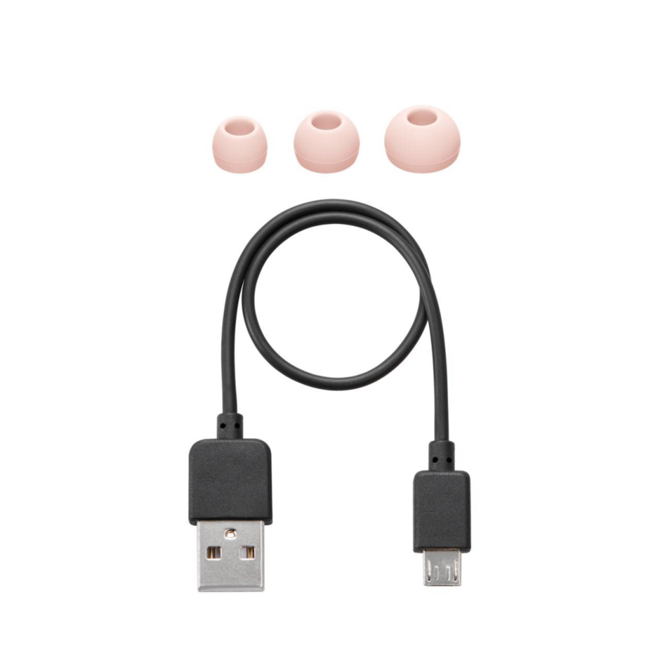 Tre gommini auricolari rosa e un cavo USB-Micro USB nero.