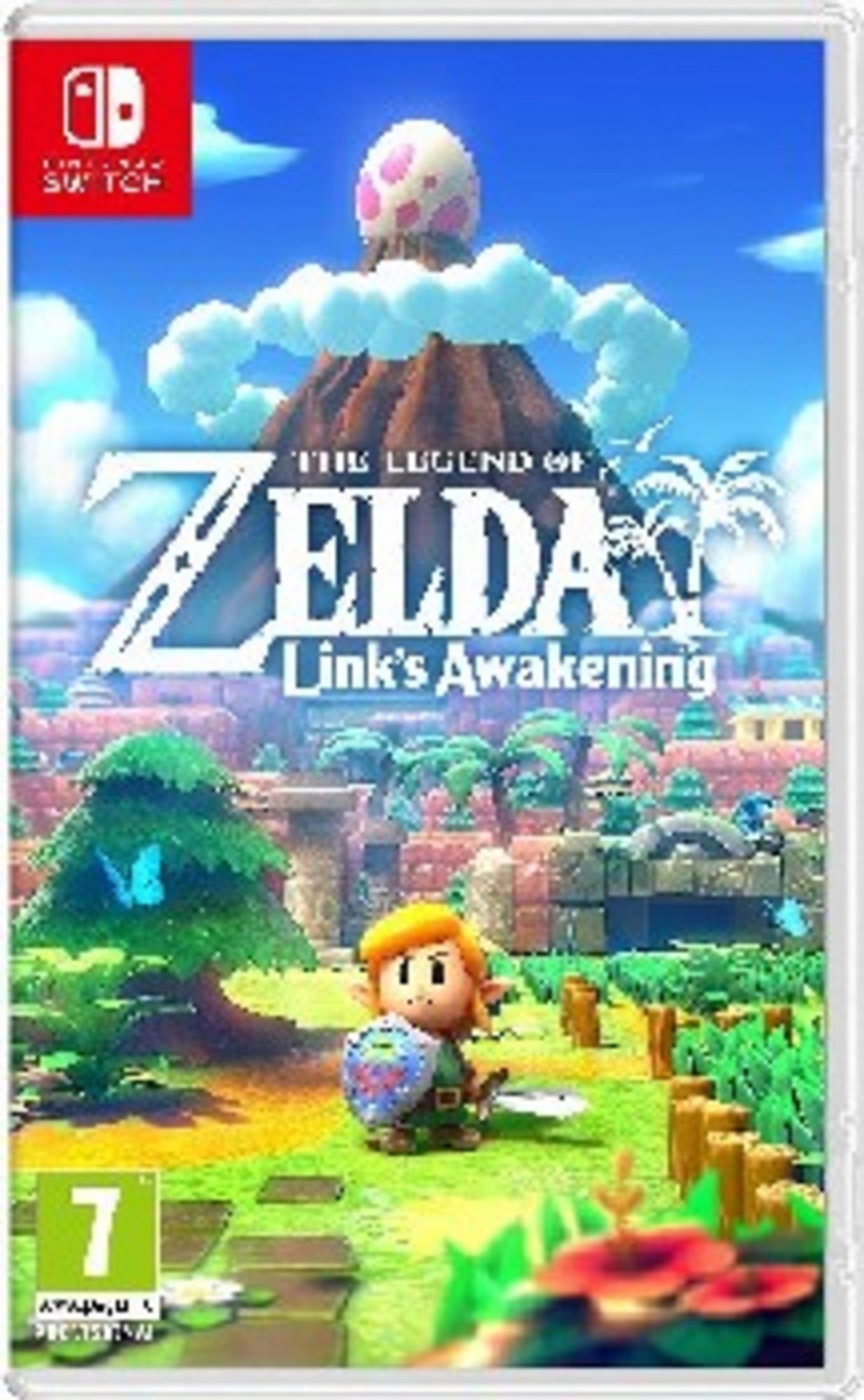 Link di Zelda: Link's Awakening con scudo e spada davanti a una montagna con un uovo.