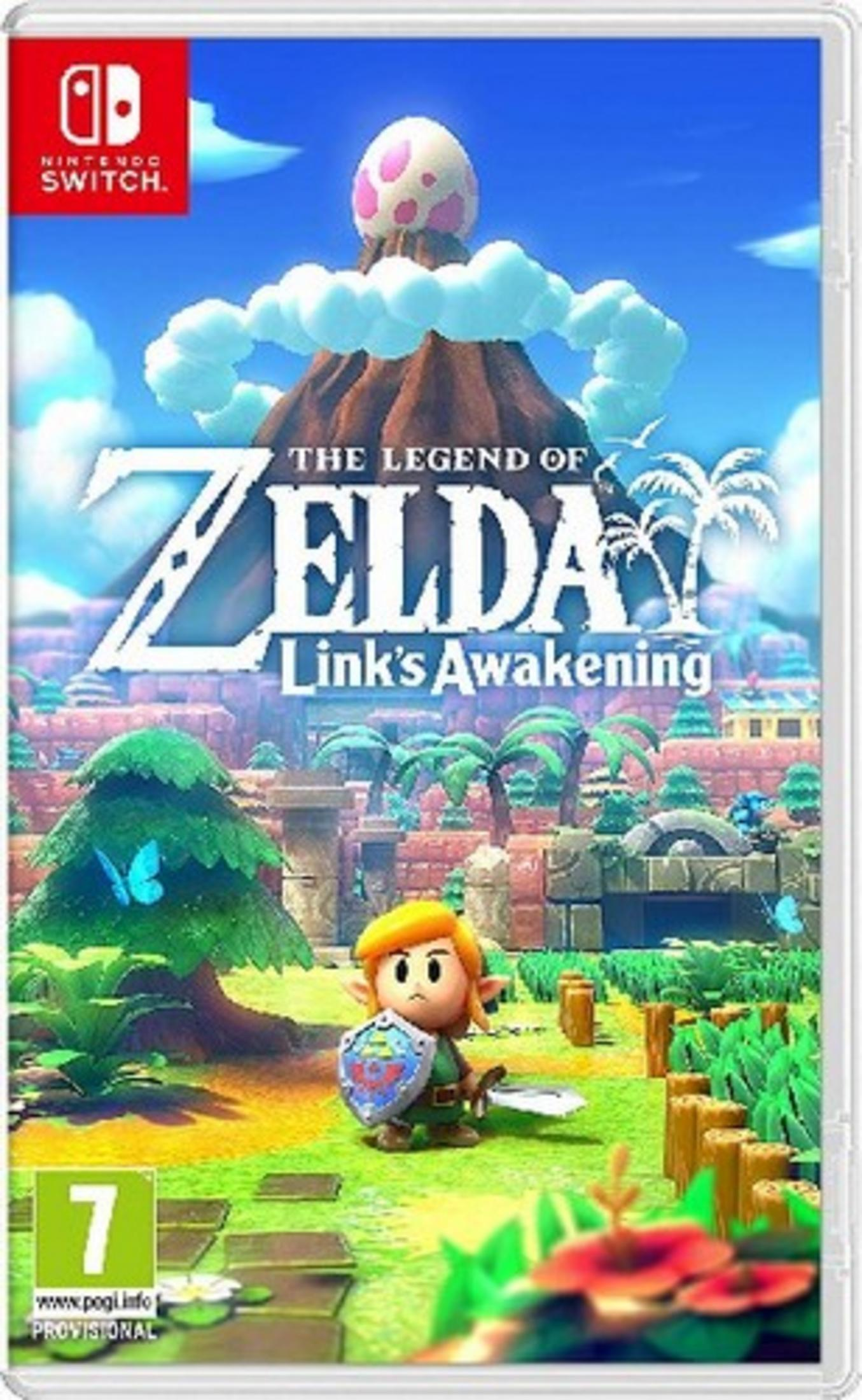 Link di Zelda con scudo e spada in un campo. Vulcano con uovo sullo sfondo.
