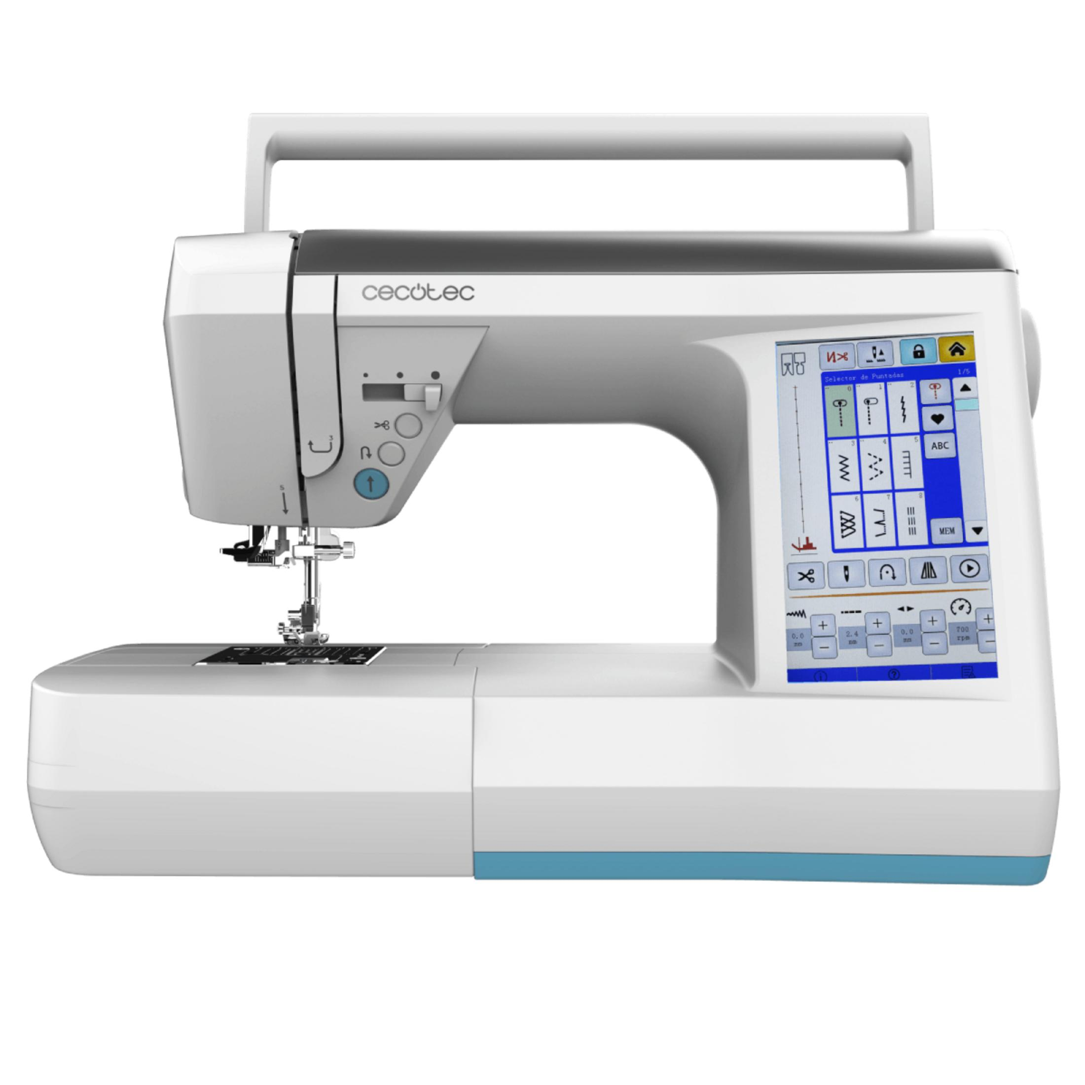 Máquina de coser moderna con pantalla táctil y asa, blanca y gris.