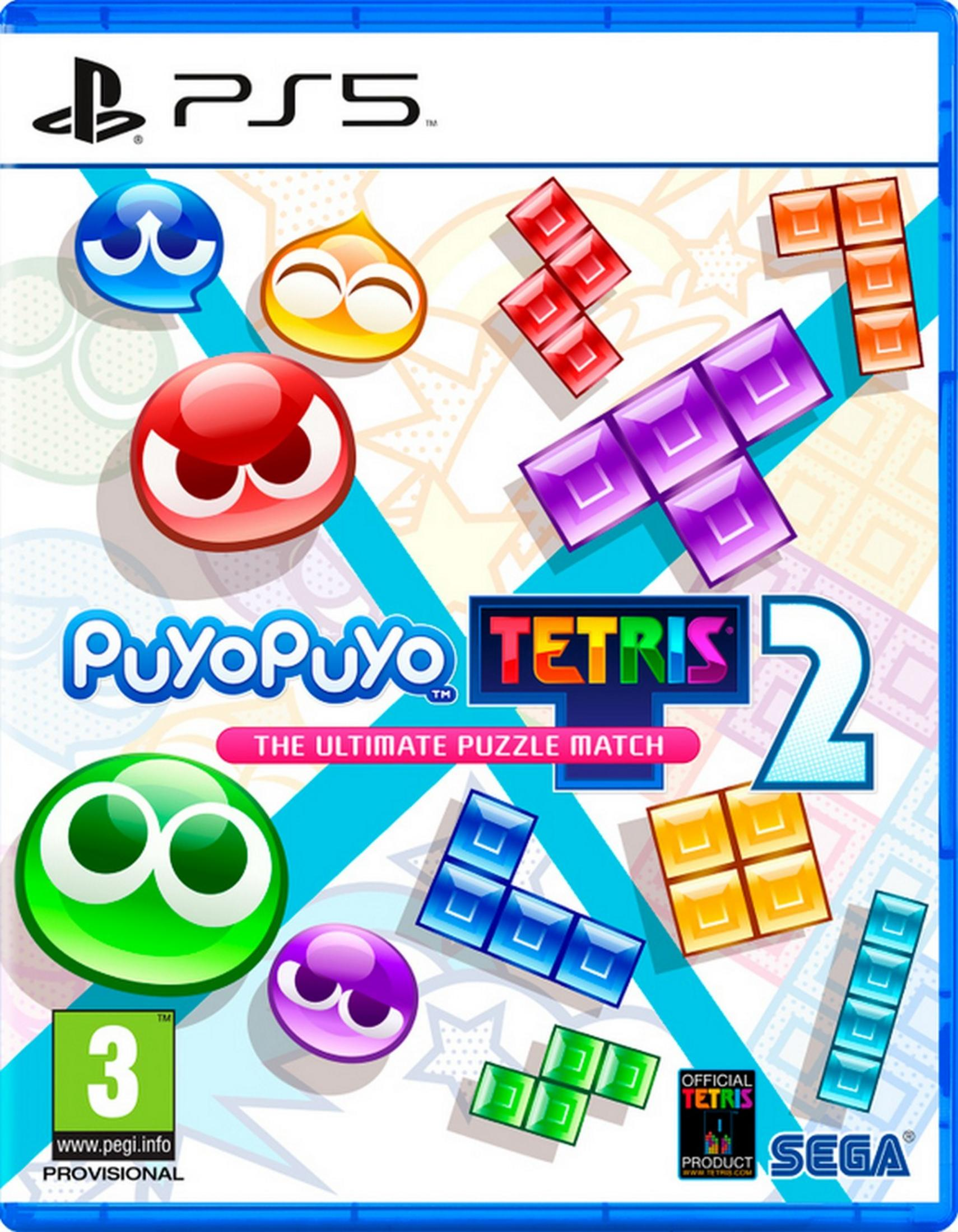 Copertina del gioco PS5 Puyo Puyo Tetris 2, con Puyos colorati e pezzi Tetris.