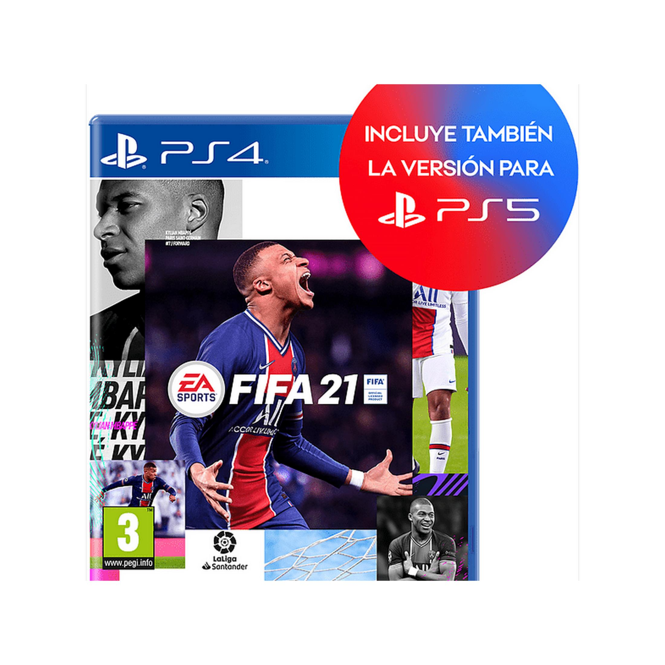 Copertina del gioco FIFA 21 per PS4 con Mbappé, loghi PS4 e PS5, PEGI 3. Include versione PS5.