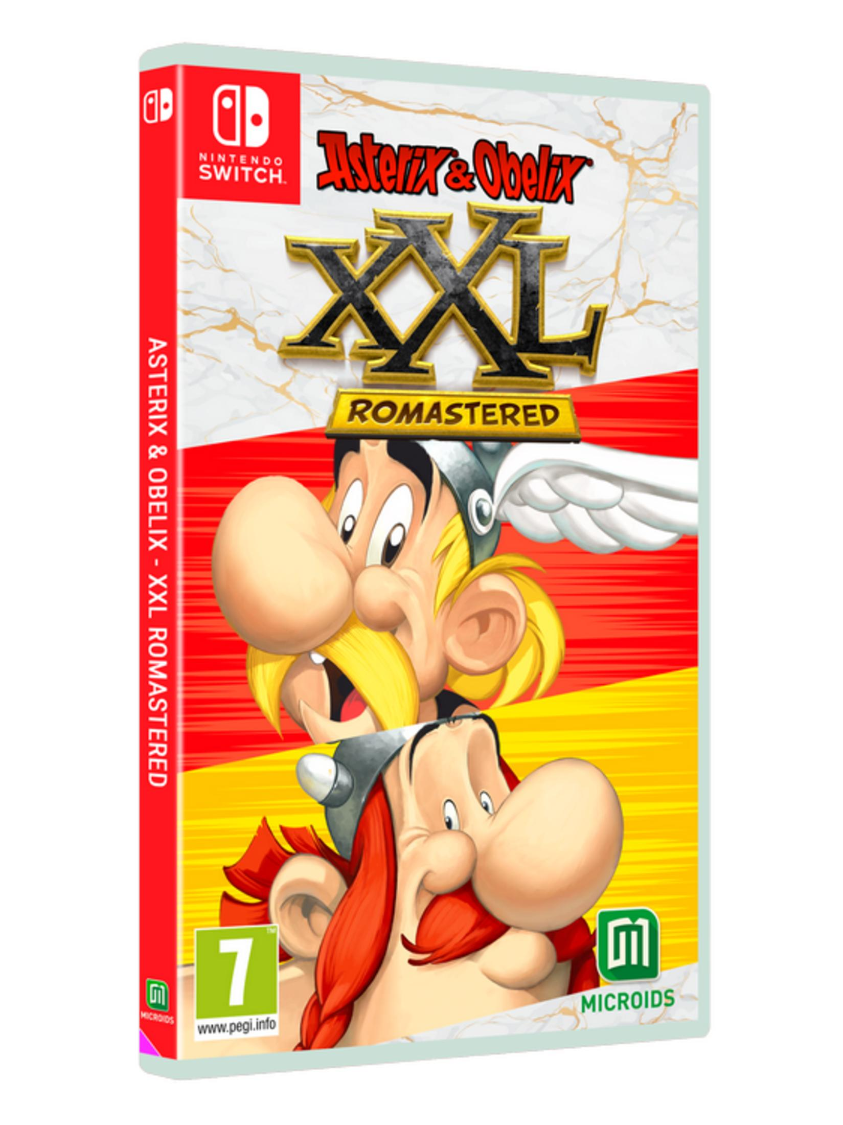 Copertina gioco Nintendo Switch "Asterix & Obelix XXL Romastered" con personaggi.