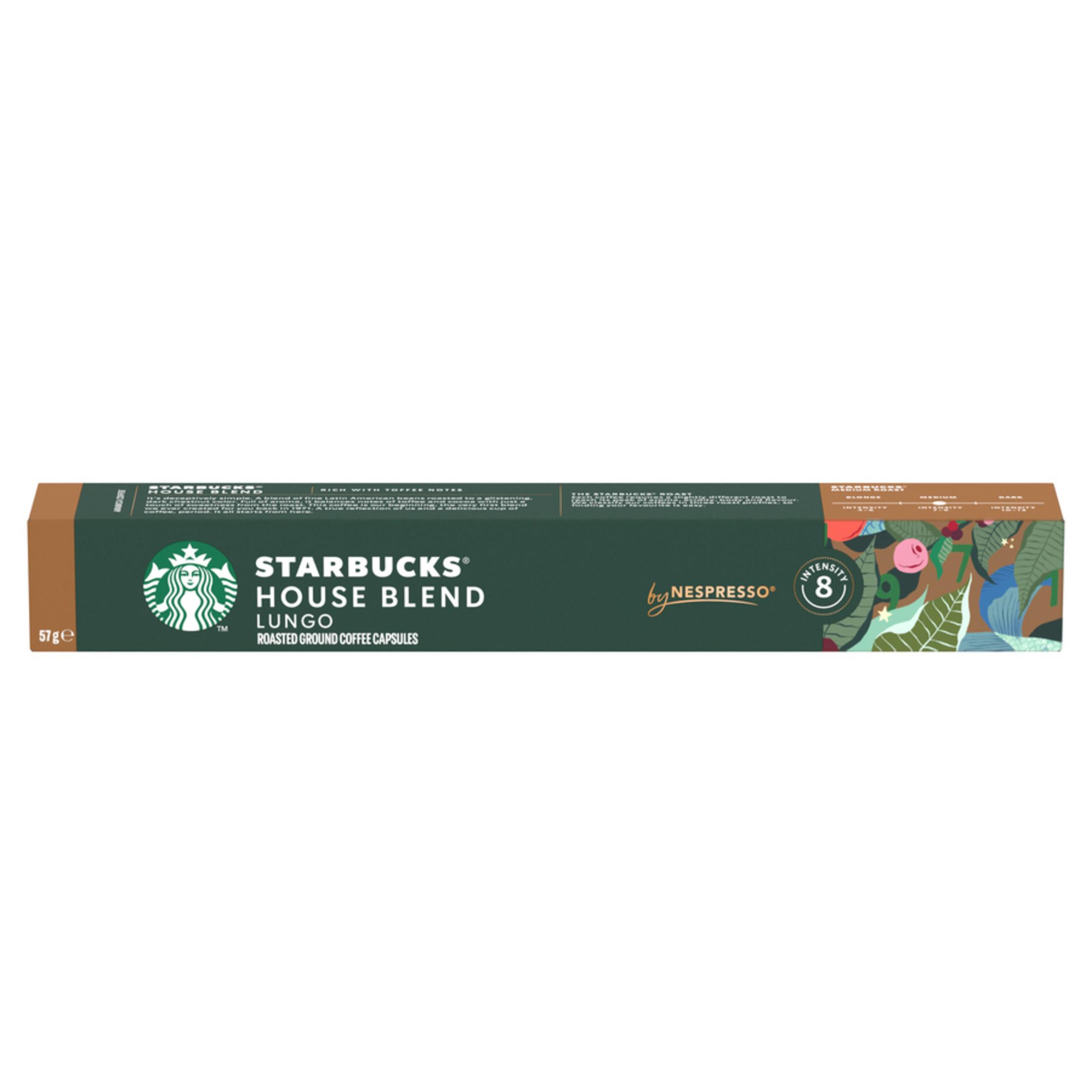 Capsule Starbucks House Blend Lungo con intensità 8 su scatola marrone.