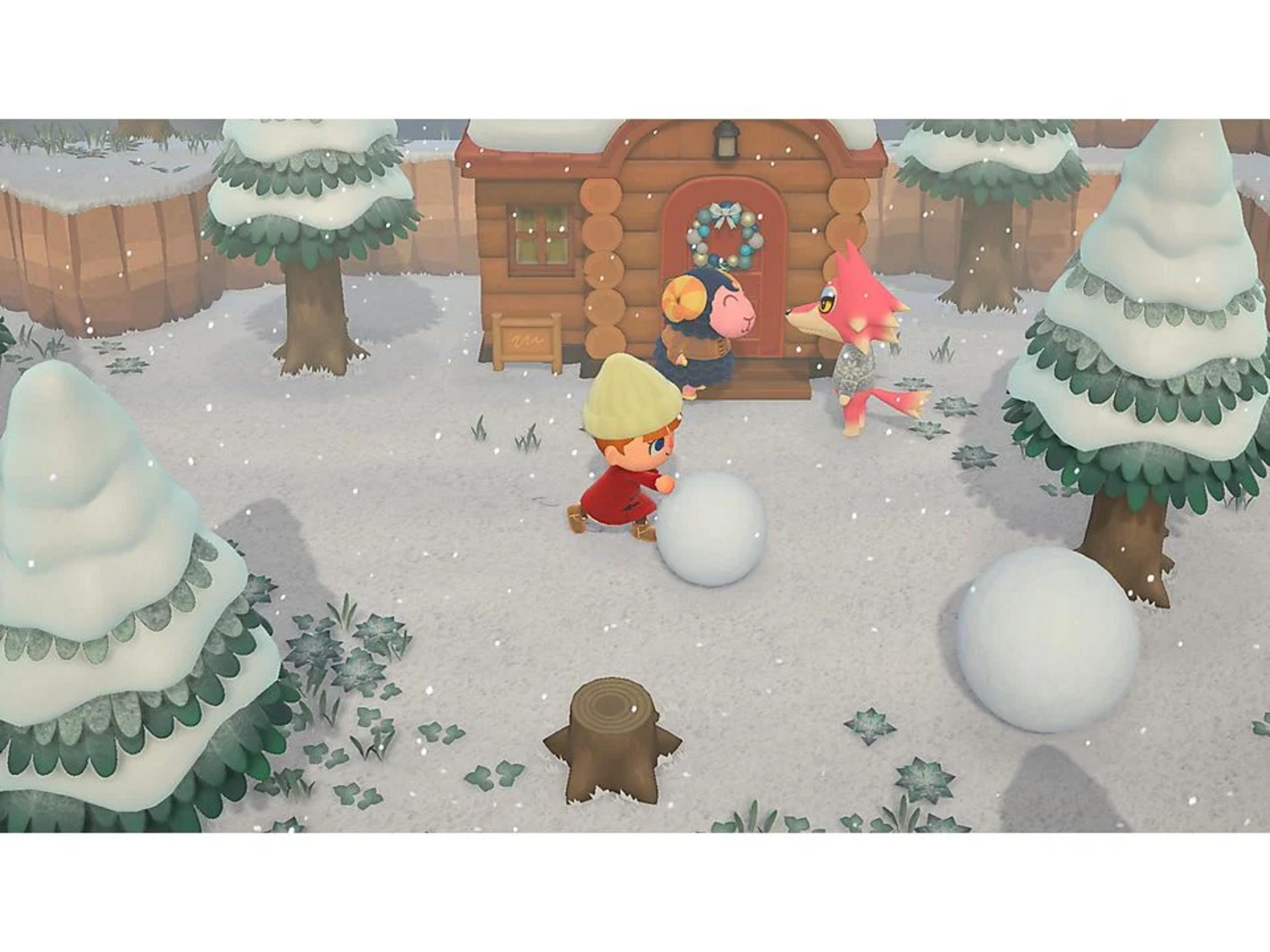 Un ragazzo rotola una palla di neve fuori da una baita, con una volpe e una pecora nelle vicinanze.