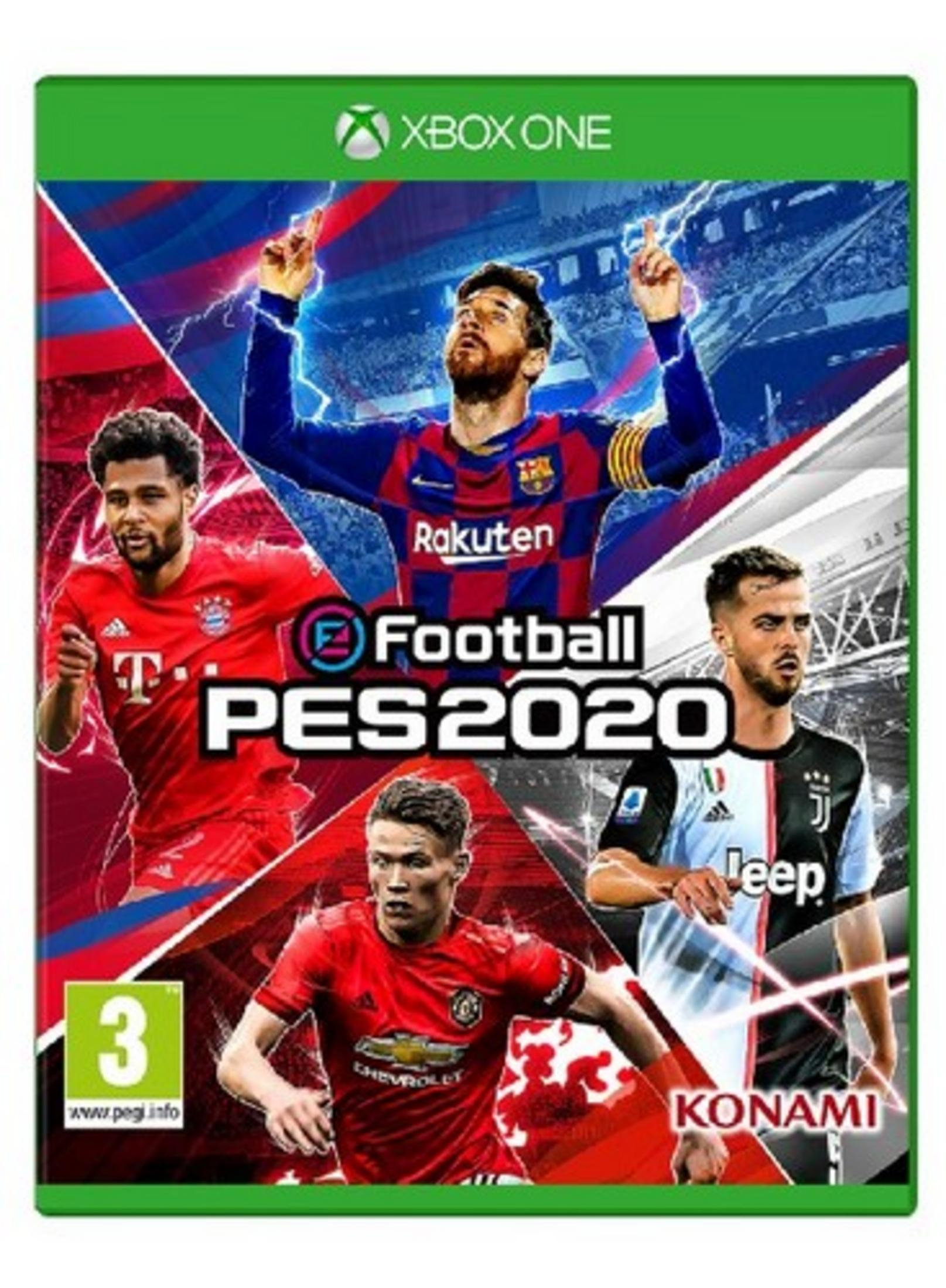Portada del juego Xbox One con cuatro futbolistas y el logo de PES 2020.