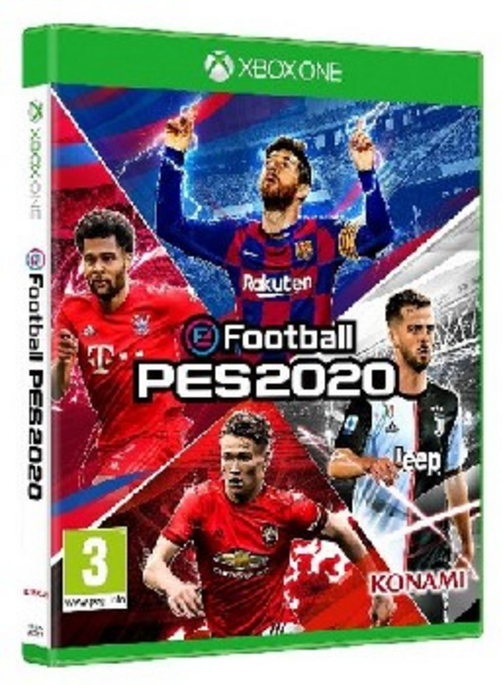 Portada de Xbox One para "eFootball PES 2020" con cuatro futbolistas, Lionel Messi arriba.