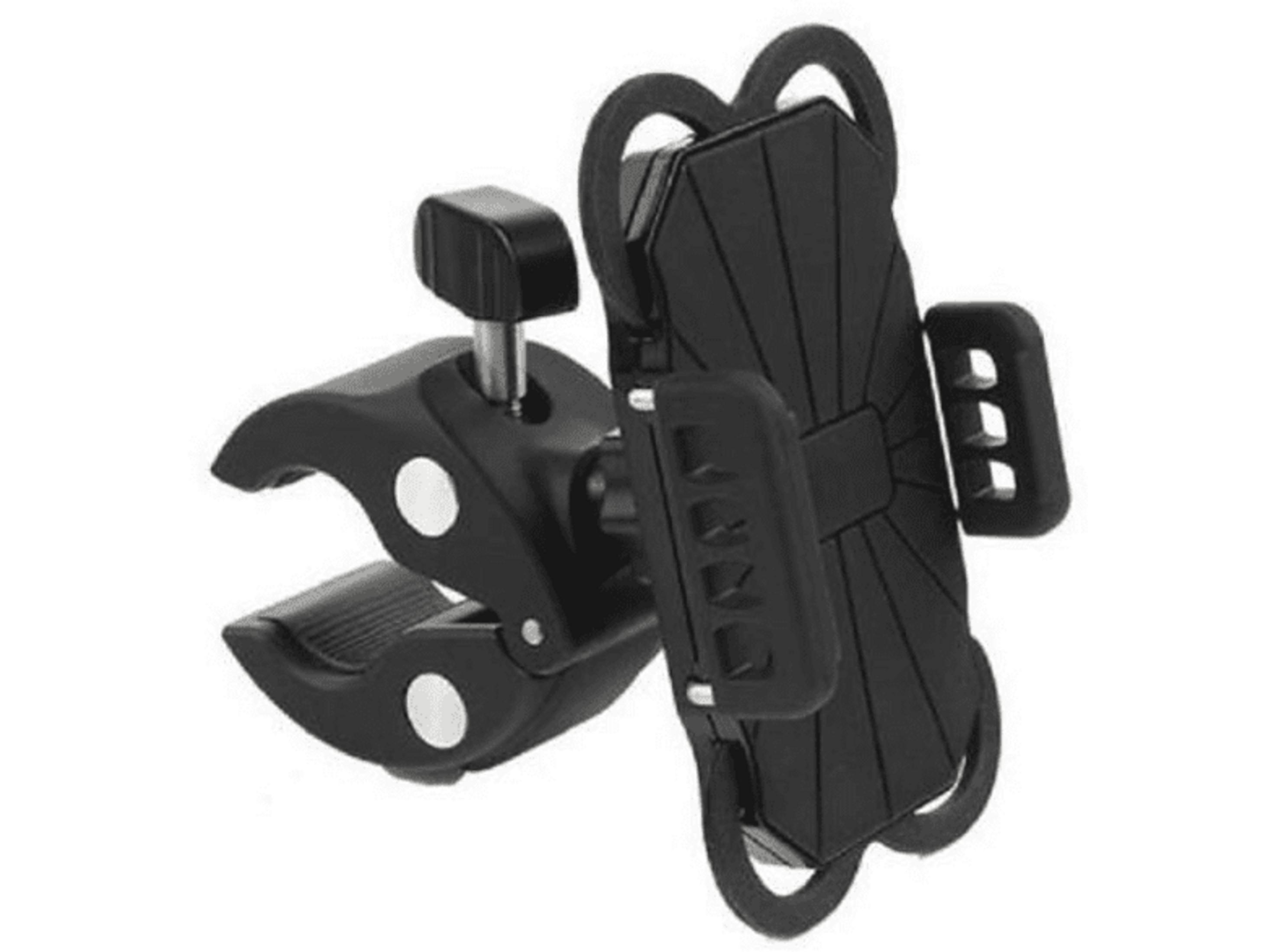 Soporte negro para teléfono de bicicleta con base de pinza y brazos flexibles.