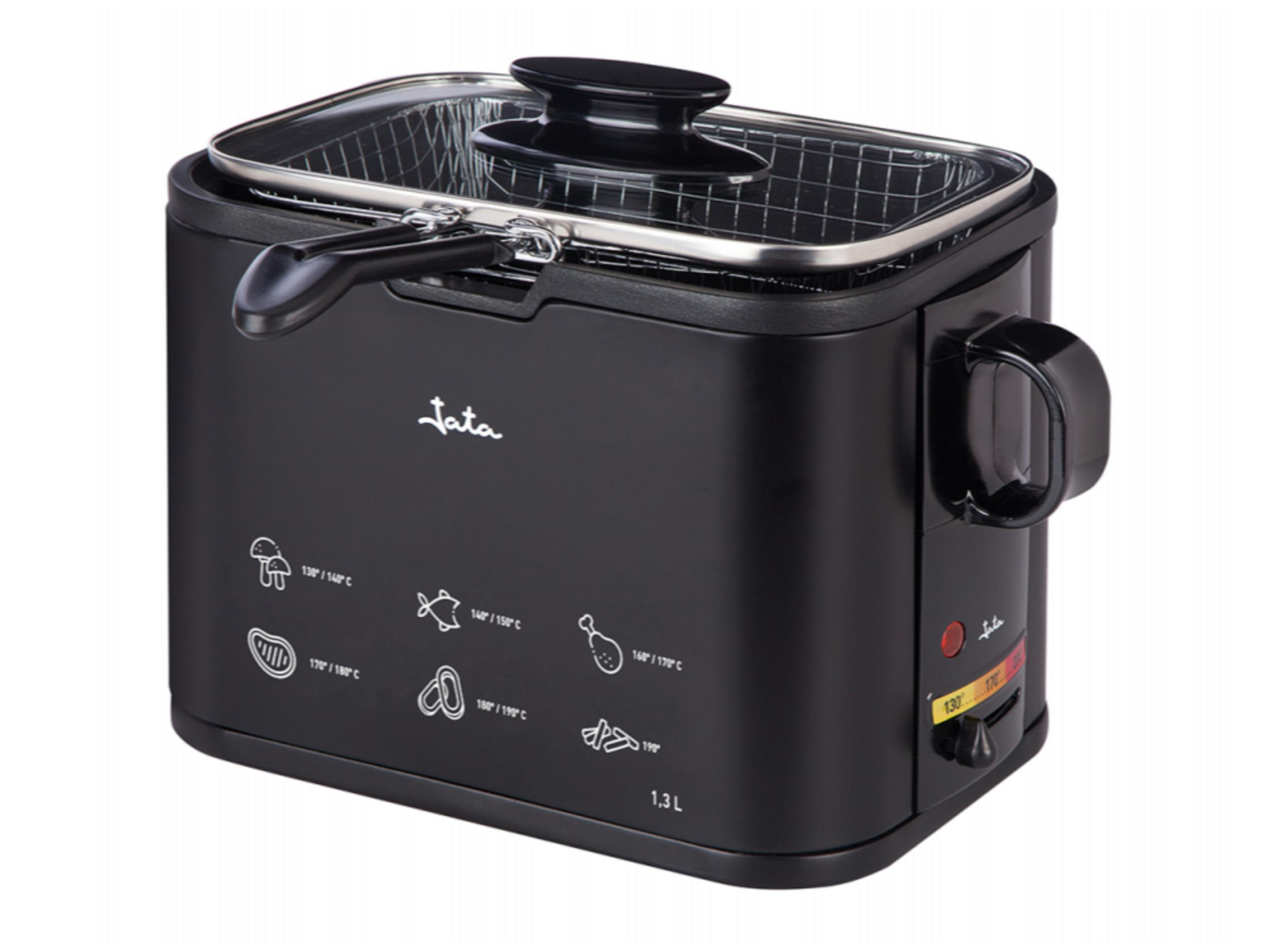 Friteuse nera con coperchio in vetro, cestello in metallo e quadrante temperatura.