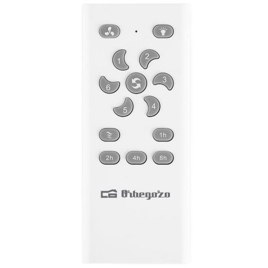 Telecomando bianco con pulsanti ventola, luce, numerati e timer.