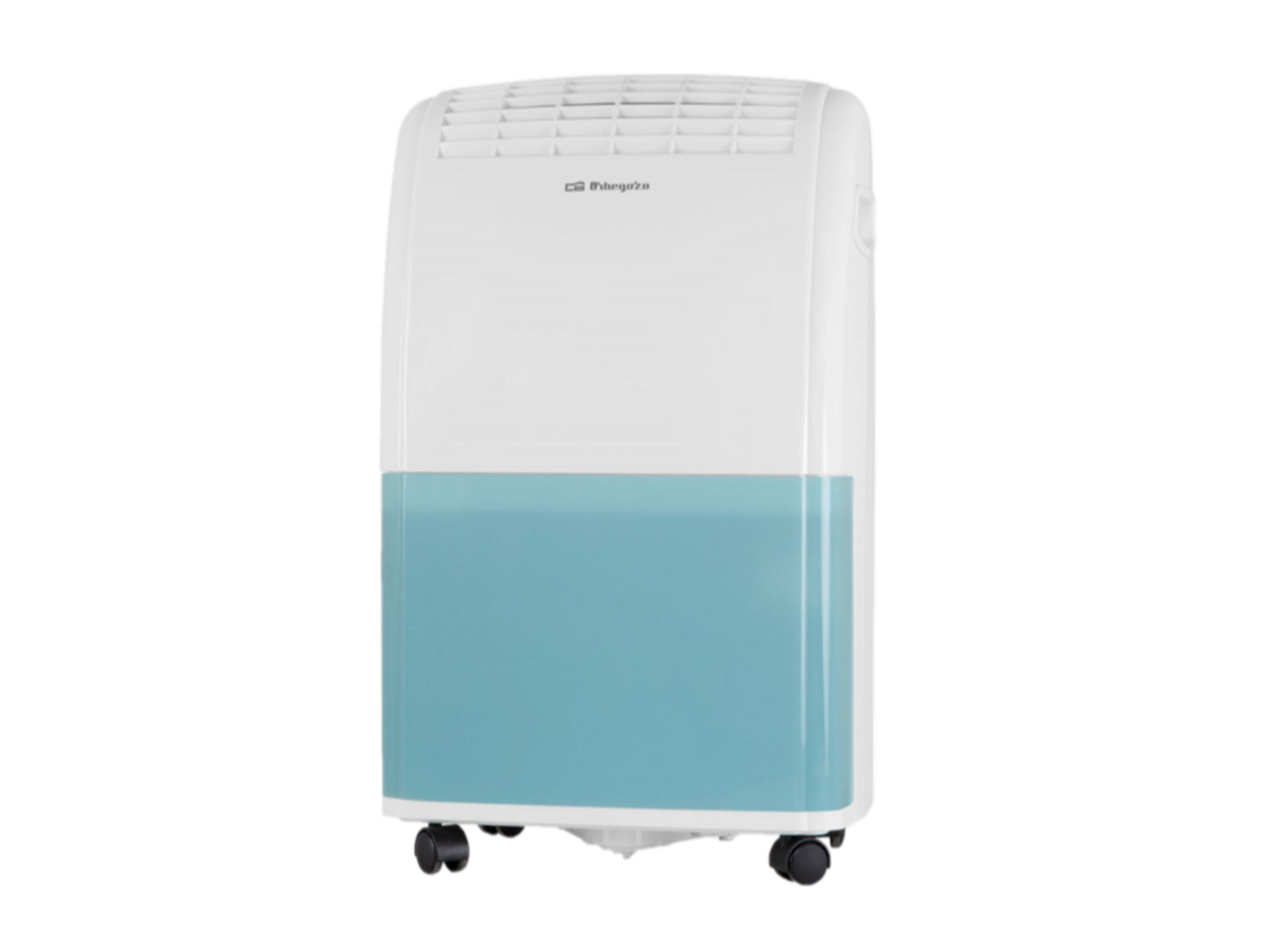Un deumidificatore bianco con serbatoio acqua blu e ruote.