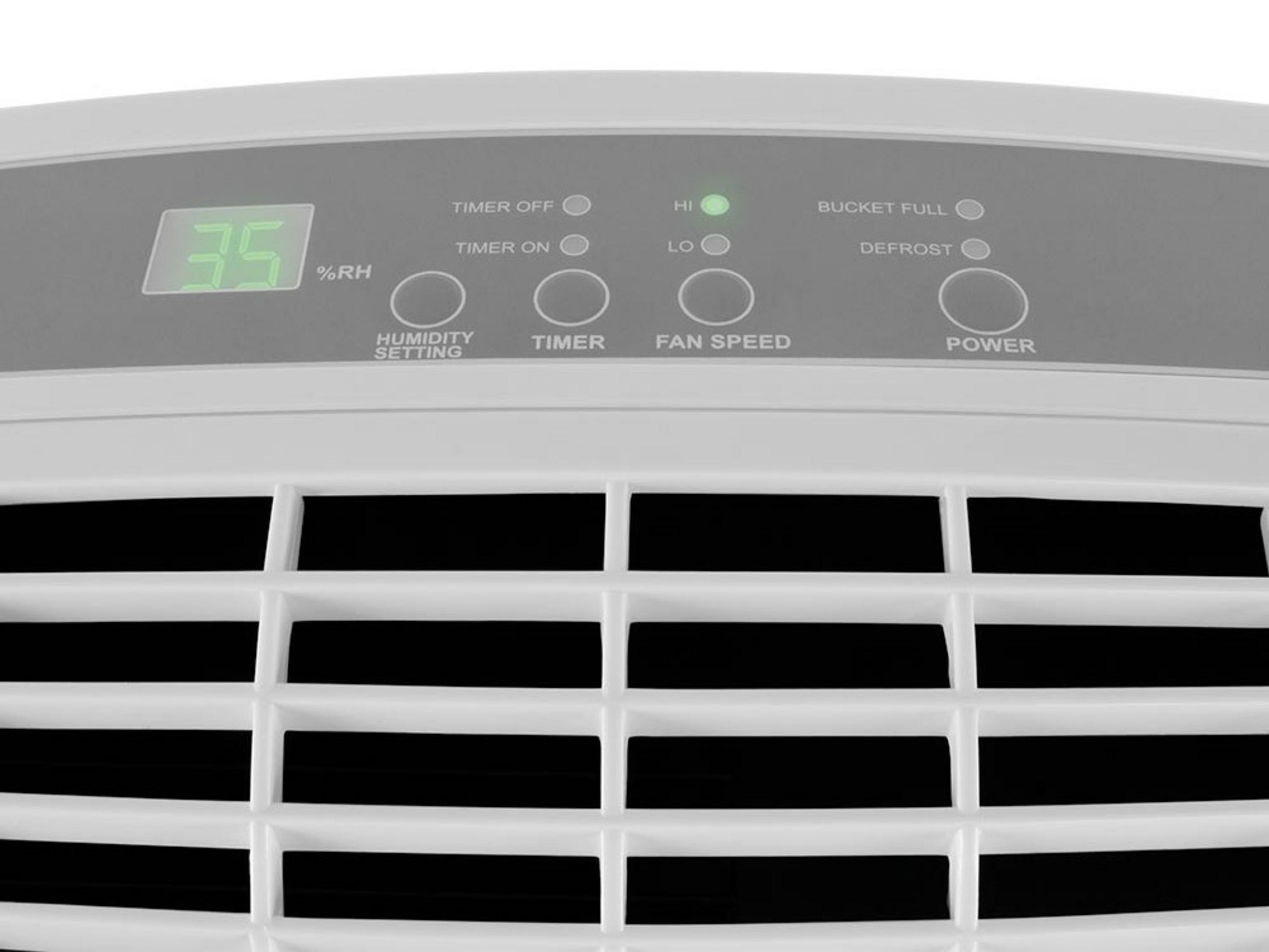 Pannello di controllo deumidificatore con display digitale che mostra 35% RH.