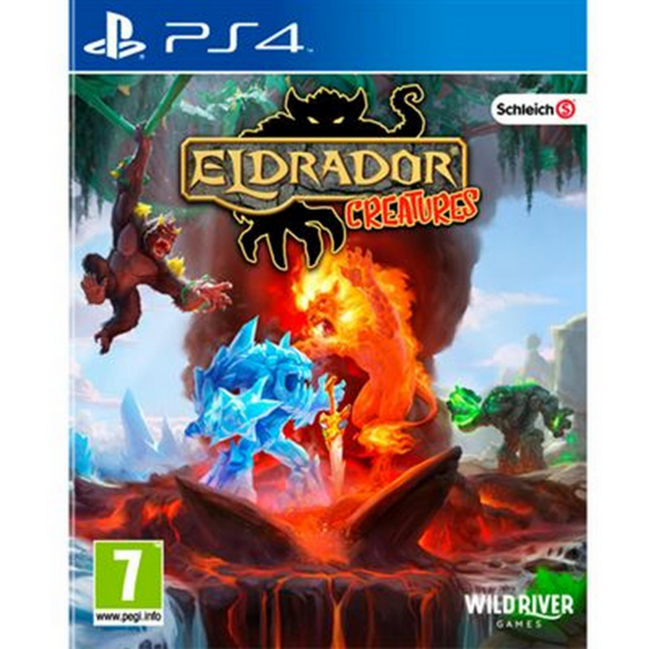 Copertina gioco PS4 Eldrador Creatures: scimmia, creature di ghiaccio, fuoco e terra combattono.