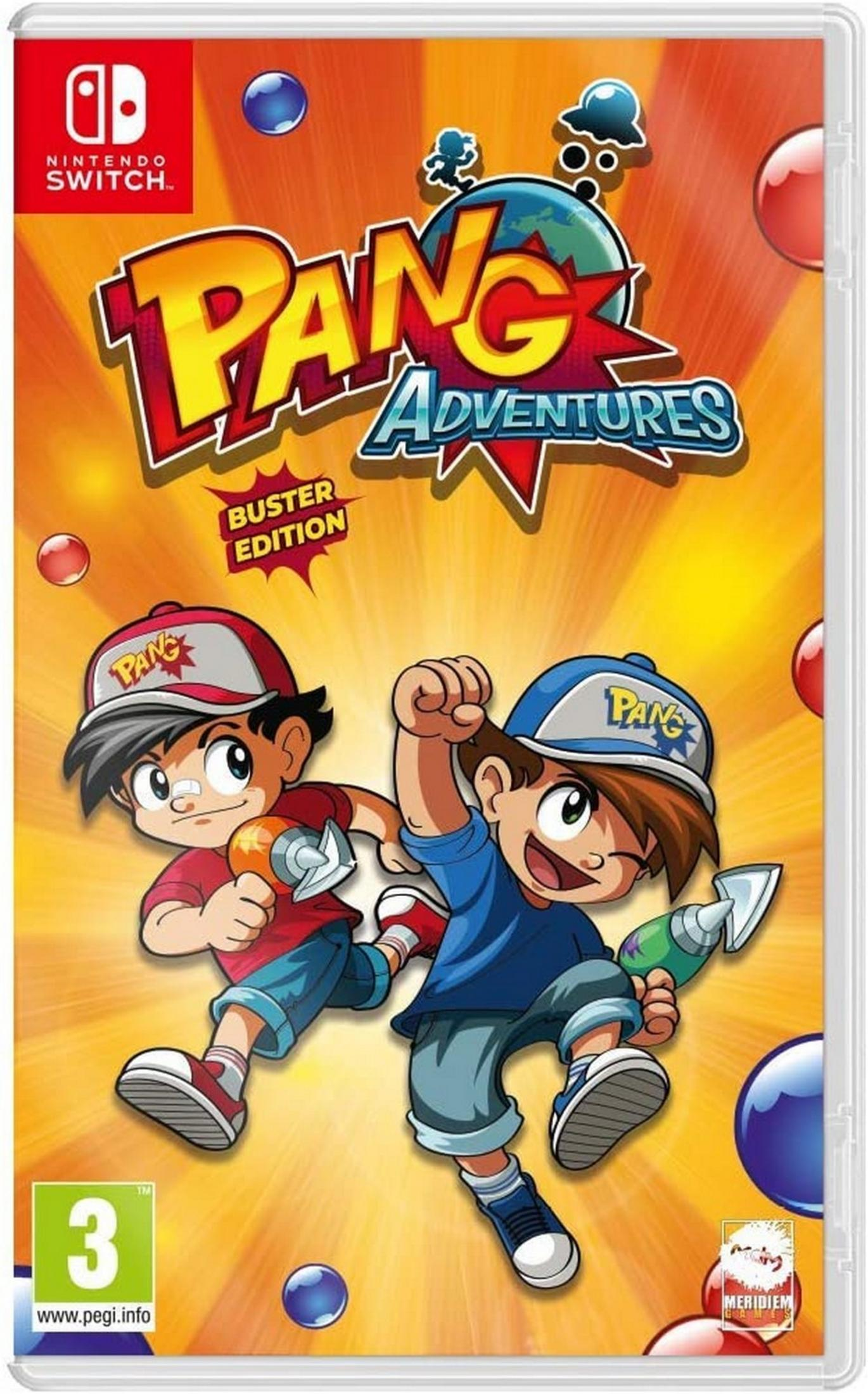 Copertina gioco Nintendo Switch: Due ragazzi cartoni animati sparano bolle. Titolo: Pang Adventures.