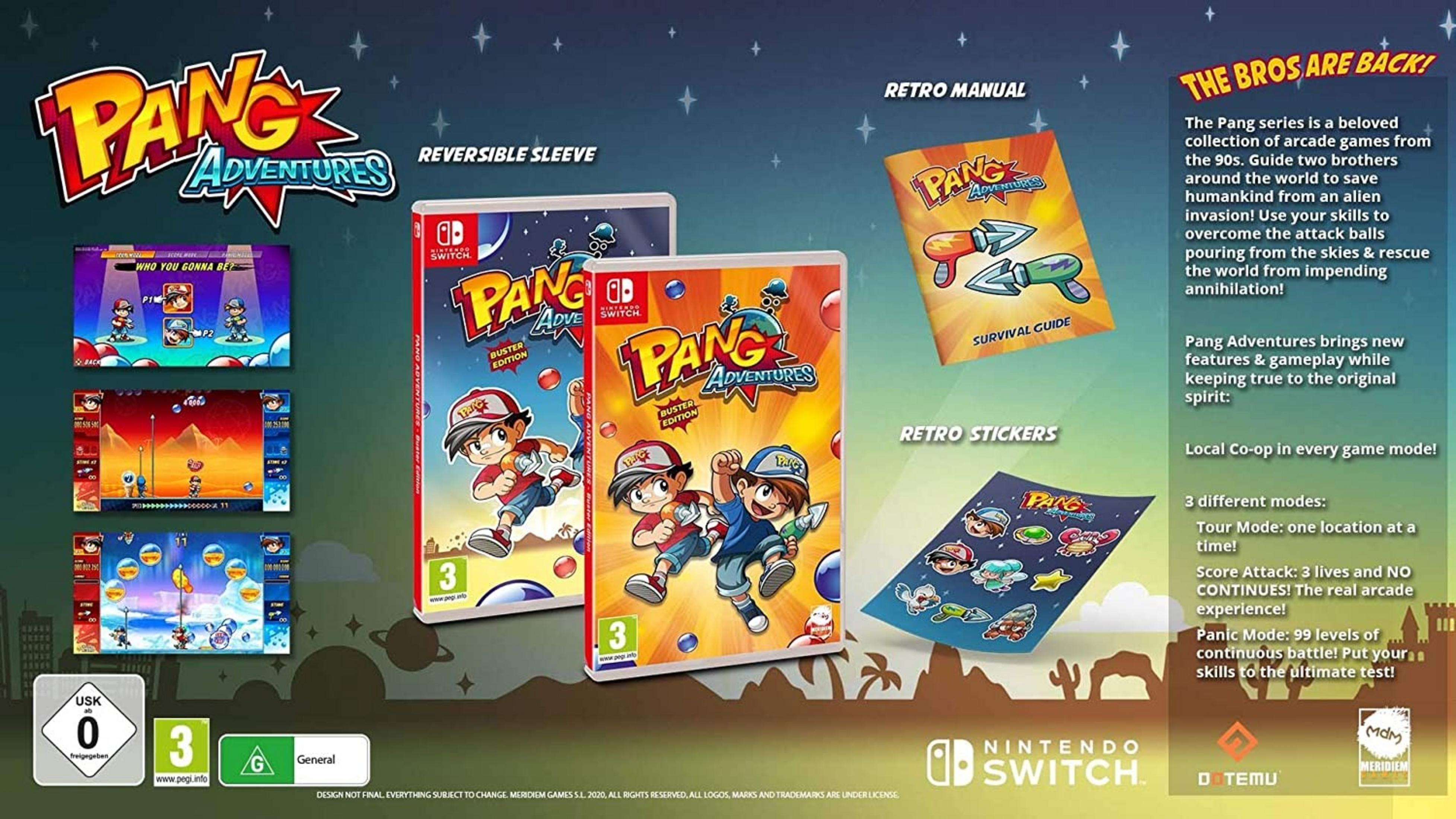 Gioco Pang Adventures Nintendo Switch, manuale e adesivi.