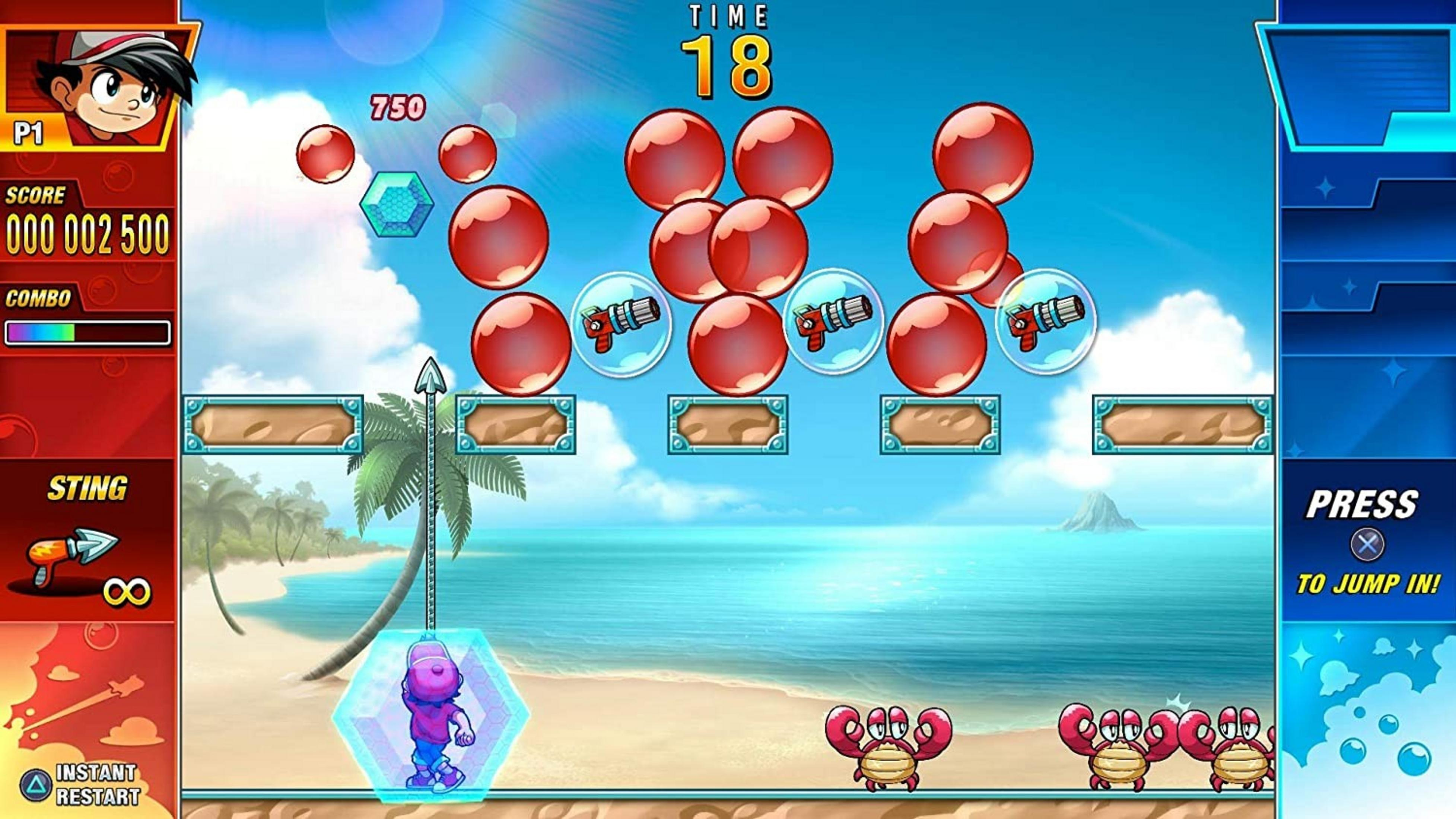 Un gioco a cartoni animati con un ragazzo, bolle rosse e una scena di spiaggia. Tempo 18.