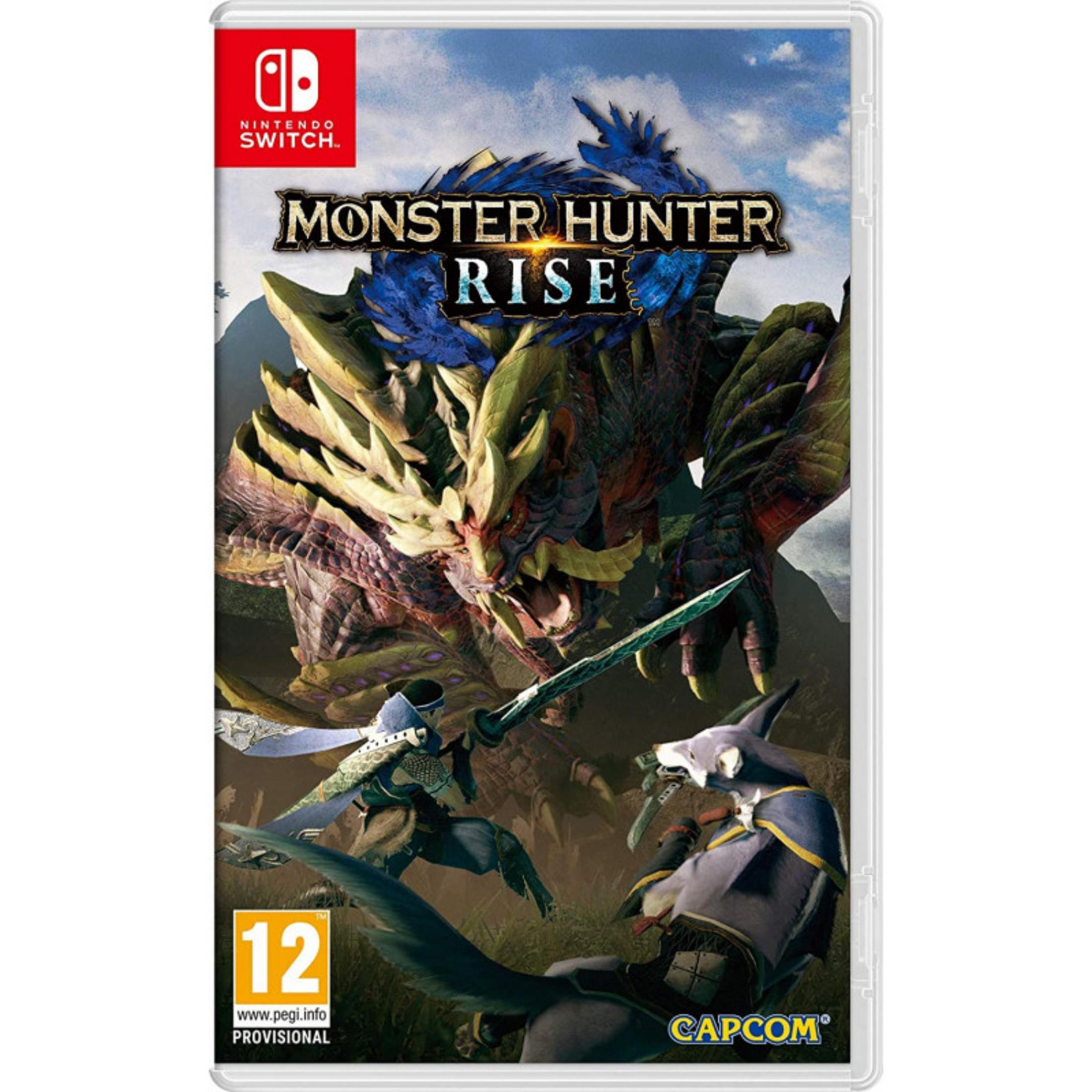 Copertina gioco Nintendo Switch: Monster Hunter Rise con un cacciatore che combatte un mostro.
