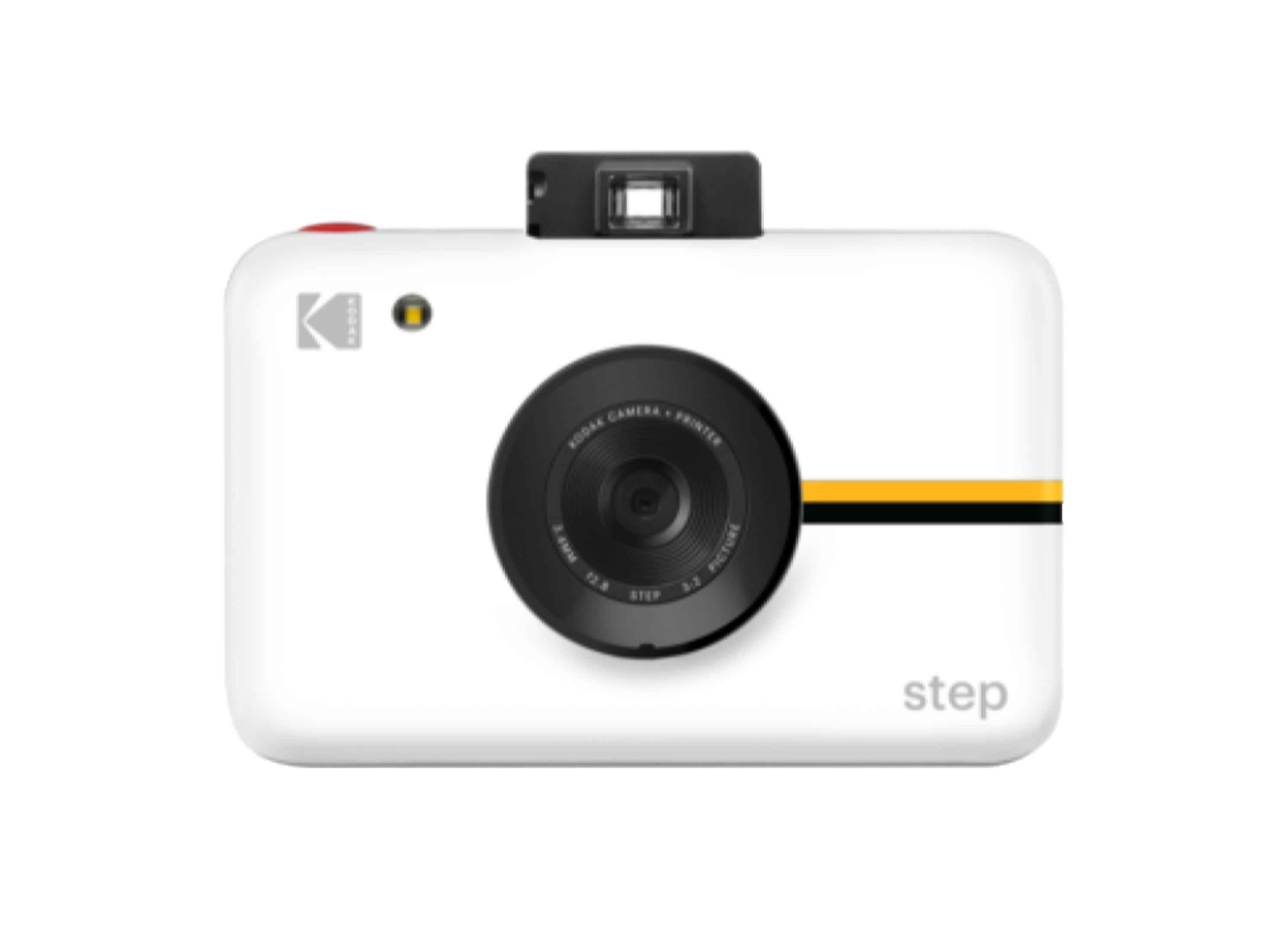 Eine weiße Kodak Digitalkamera mit gelbem und schwarzem Streifen.