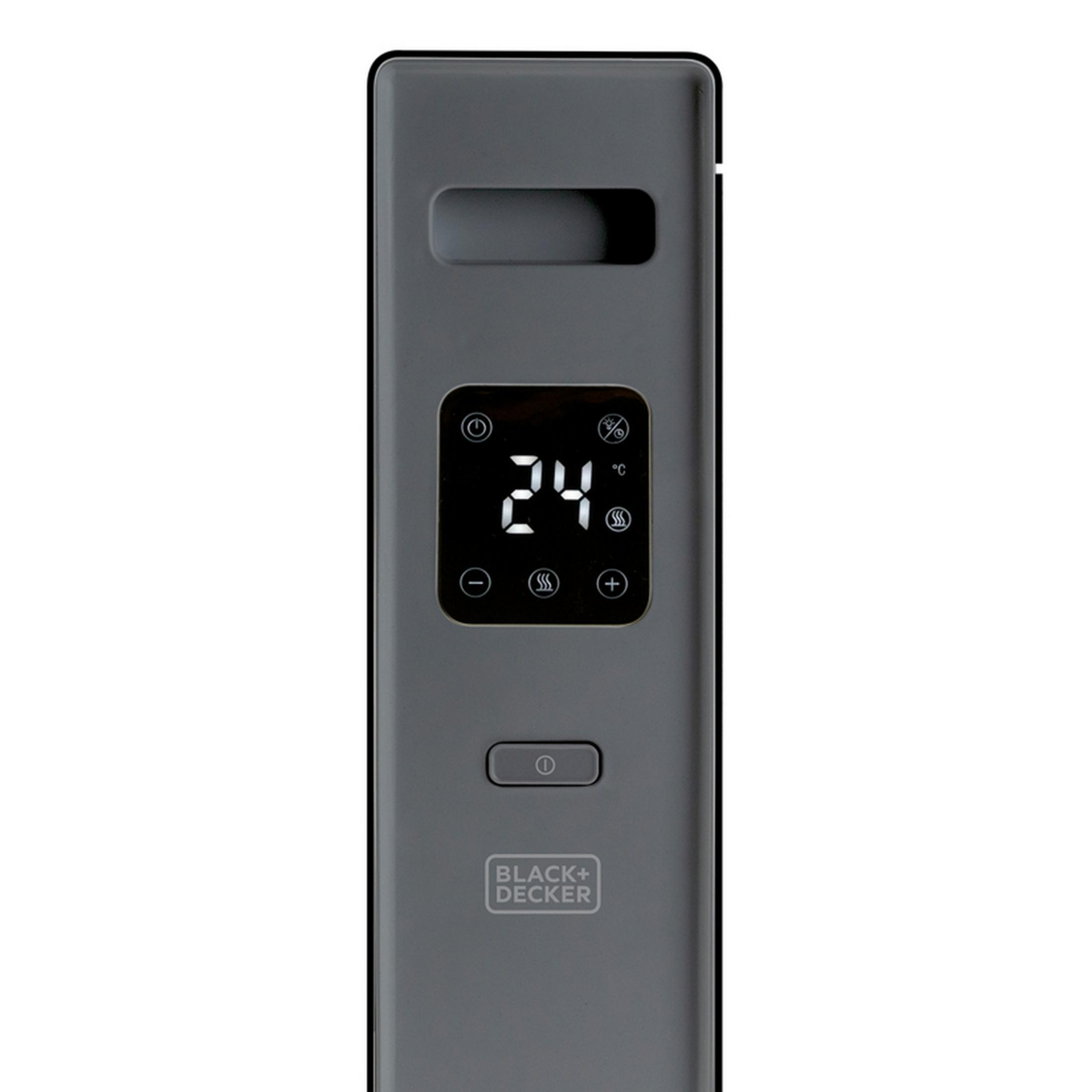 Grauer Fernbedienung mit digitaler Anzeige von 24 Grad und Tasten.