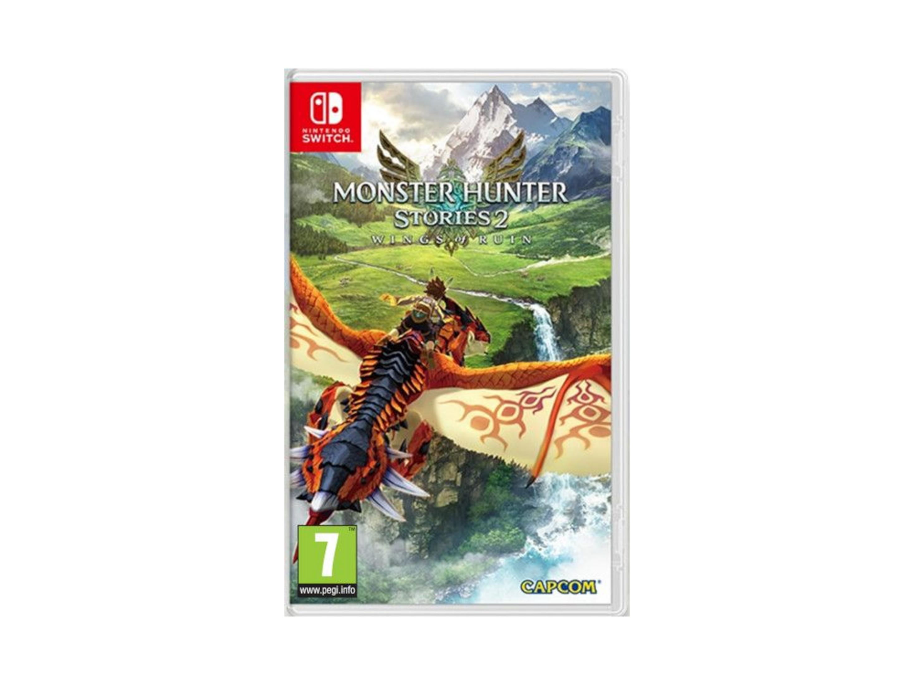 Custodia di Monster Hunter Stories 2 con un cavaliere di drago davanti a montagne e cascata.