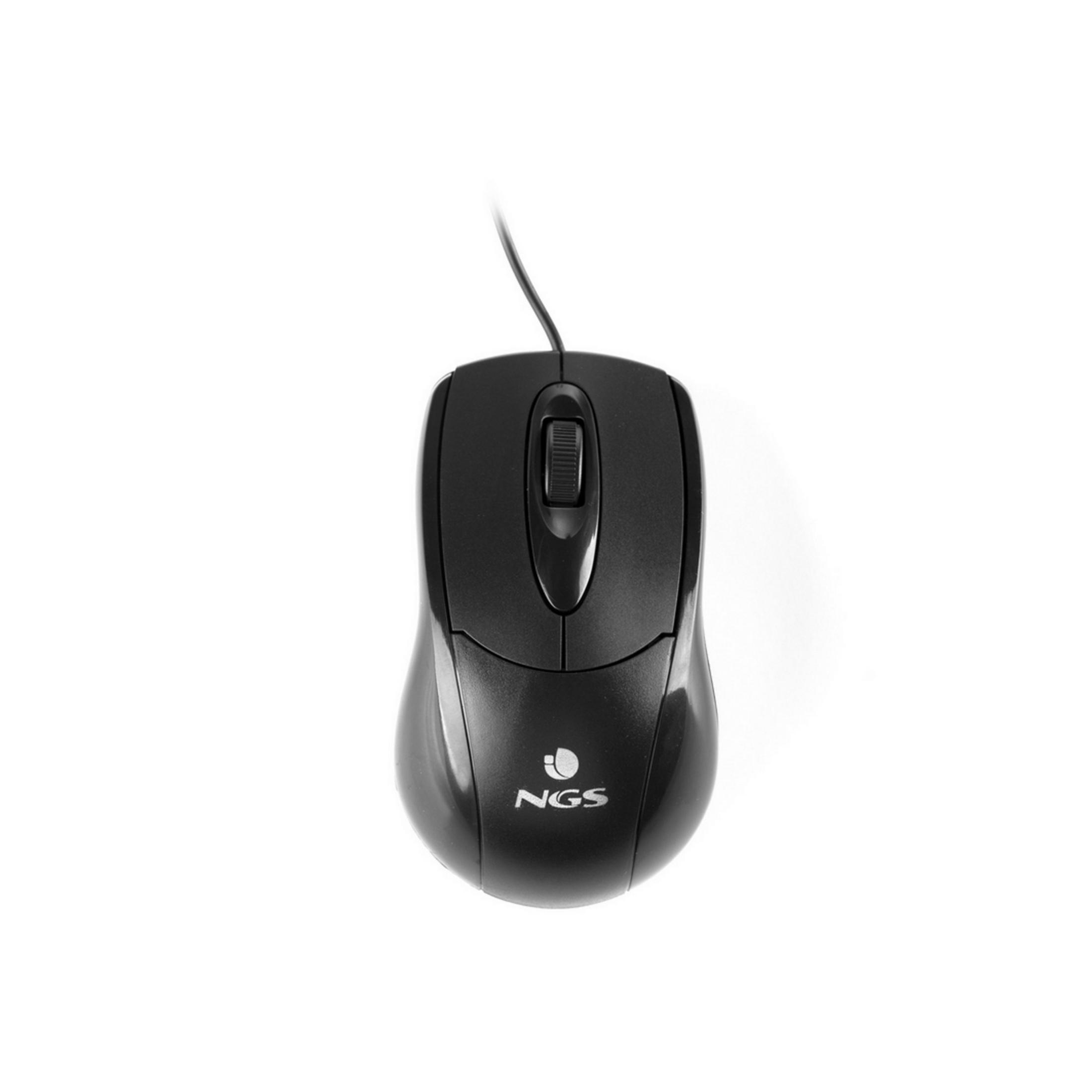 Mouse per computer NGS nero con rotella di scorrimento e cavo su sfondo bianco.