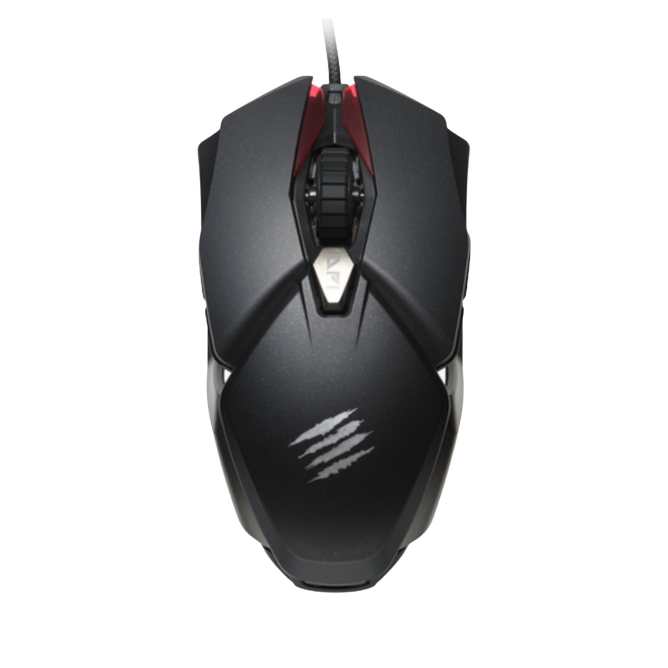 Schwarze Gaming-Maus mit roten Akzenten und einem silbernen Logo.