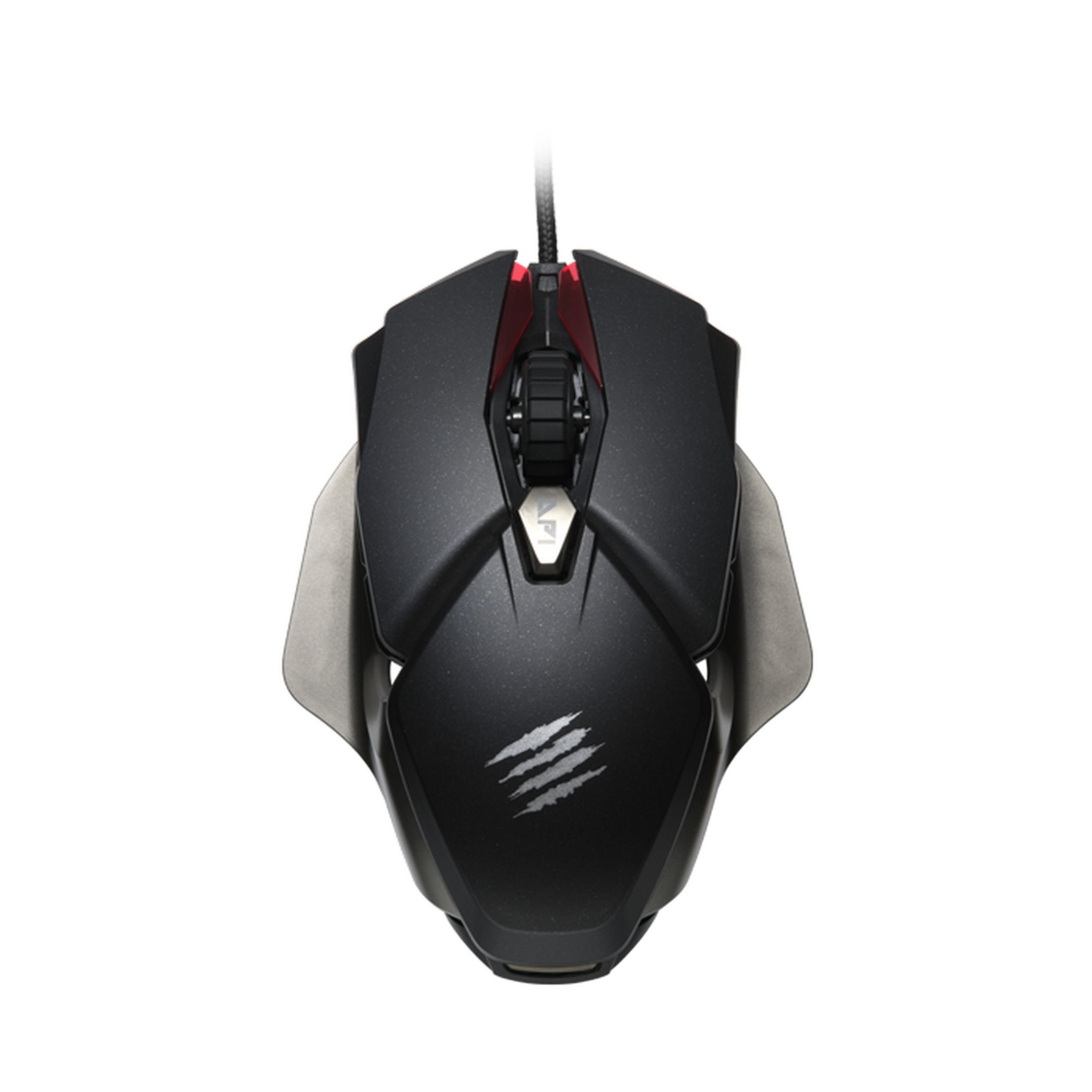 Schwarze Gaming-Maus mit roter Akzentbeleuchtung und silbernem Logo.