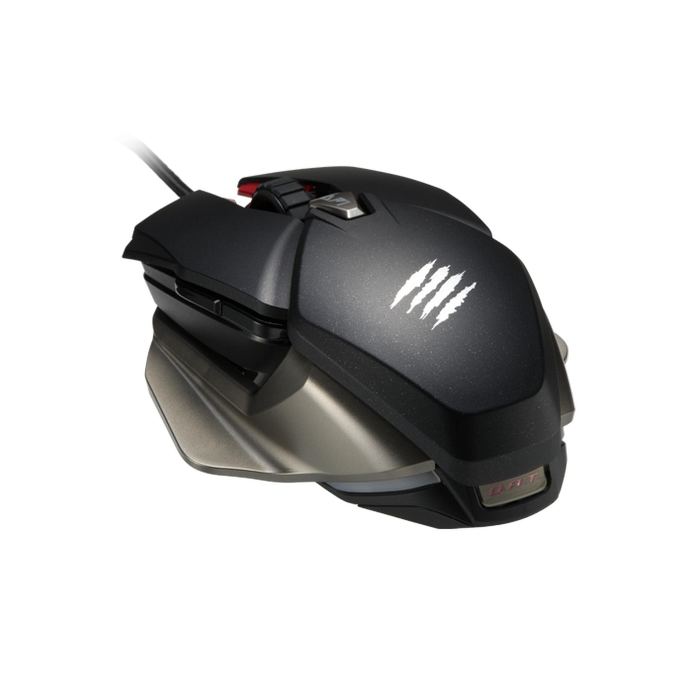 Schwarze Gaming-Maus mit silbernem Sockel und roten Akzenten.