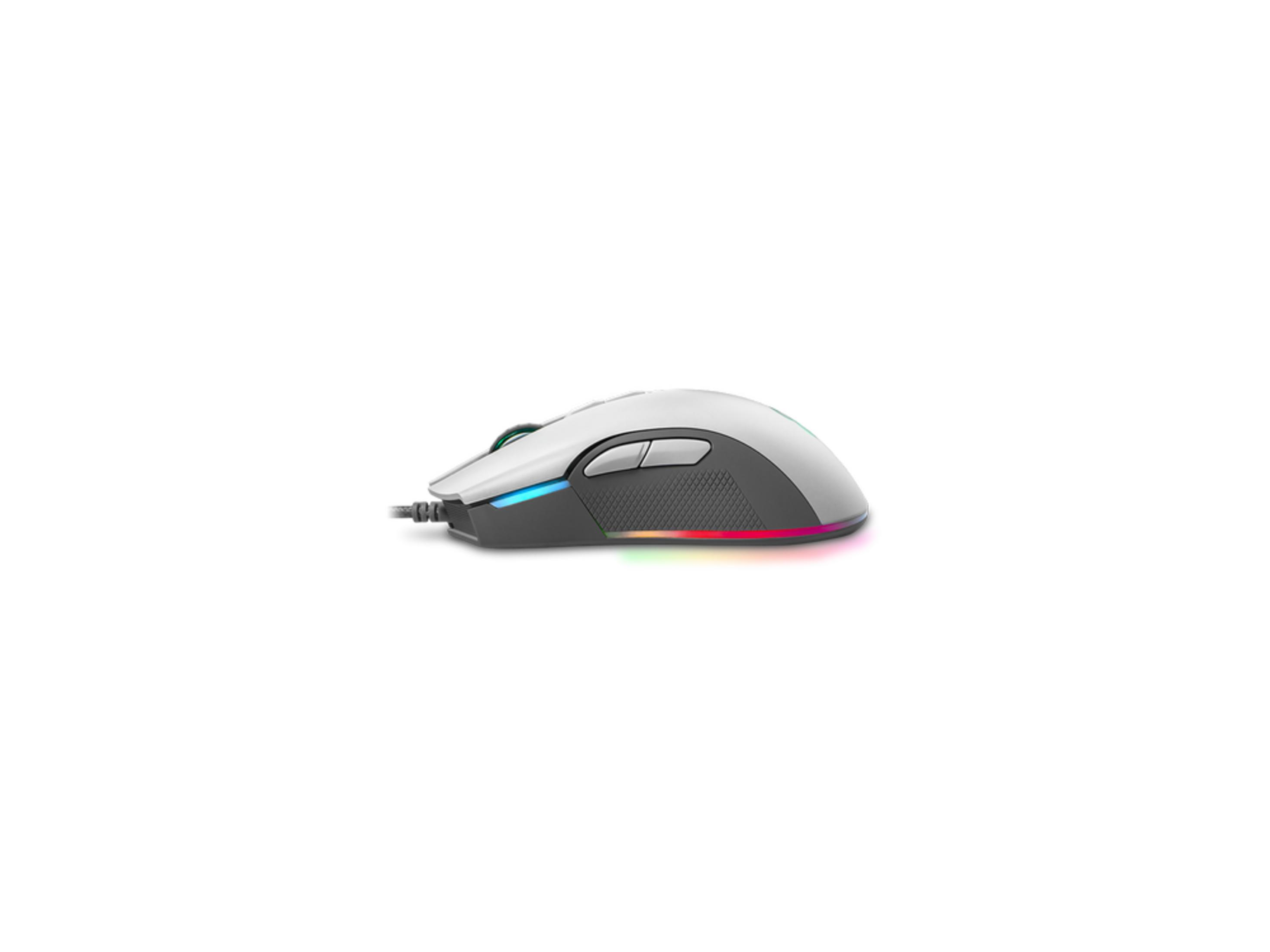 Mouse del computer grigio con illuminazione RGB e cavo su sfondo bianco.