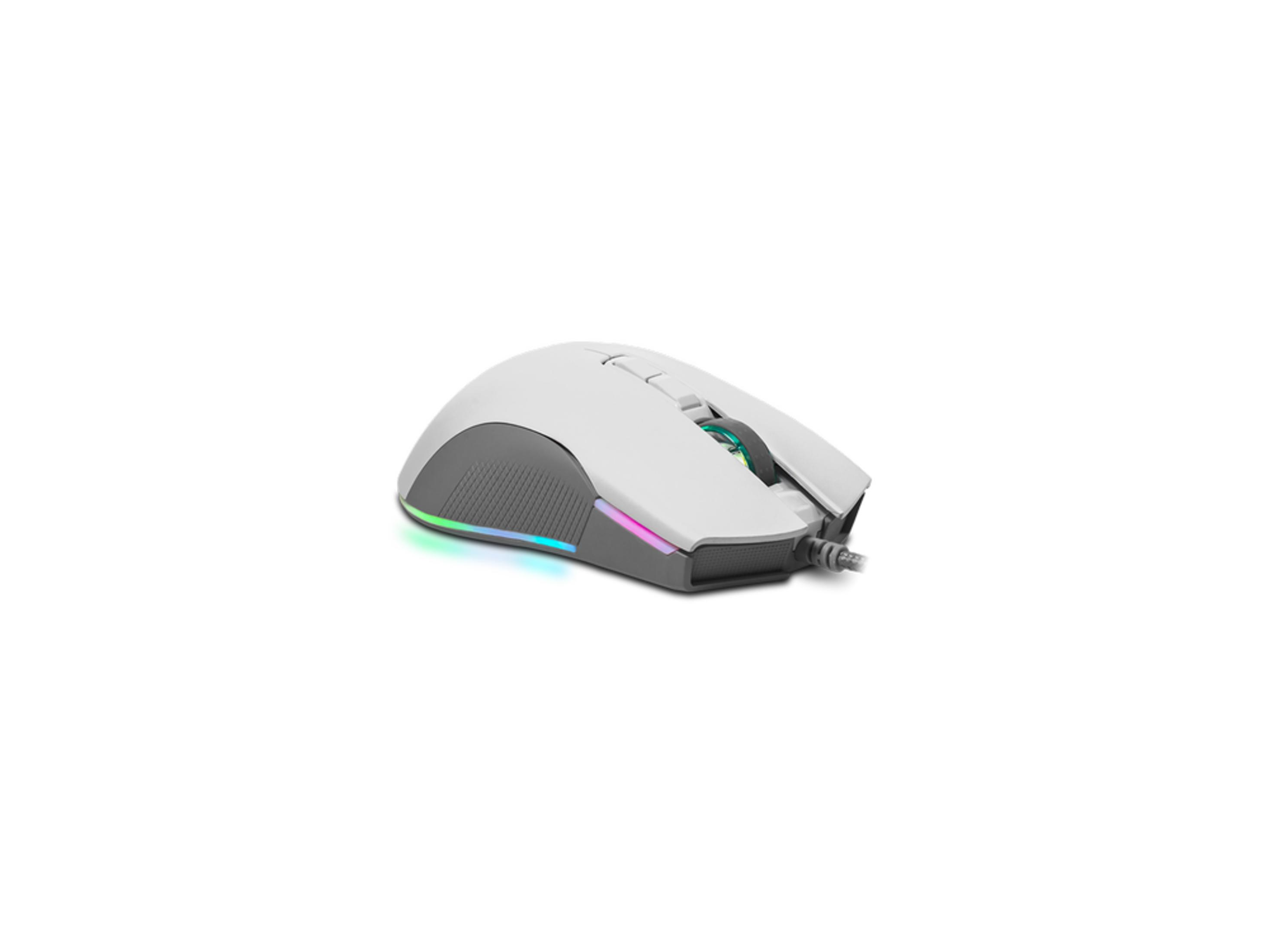 Un mouse da gaming bianco con illuminazione RGB e lato testurizzato grigio.