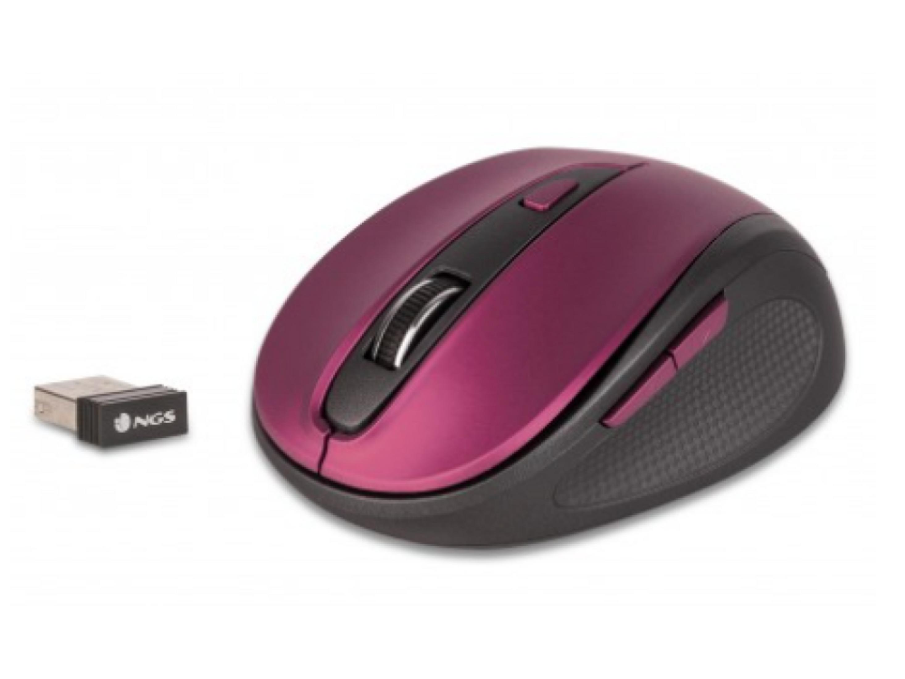 Ein violetter kabelloser Computermaus mit einem USB-Dongle auf weißem Hintergrund.