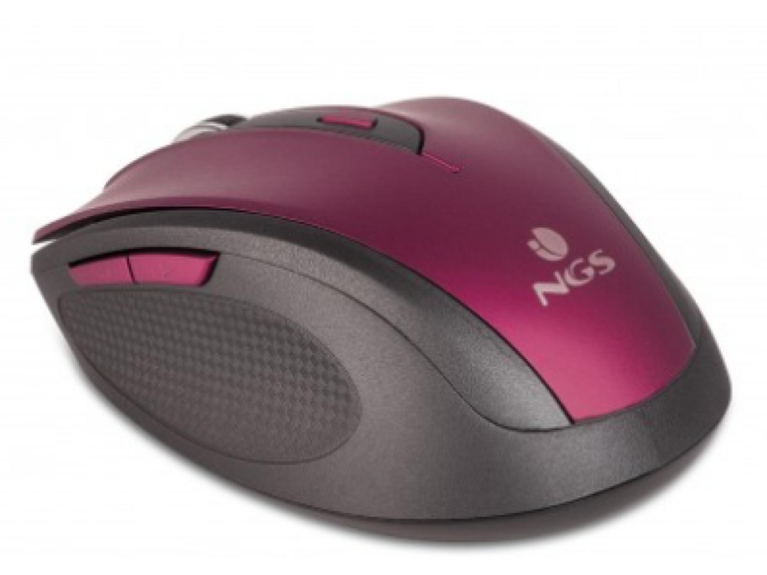 Eine kabellose Maus in Magenta und Anthrazit mit gerastertem Griff.